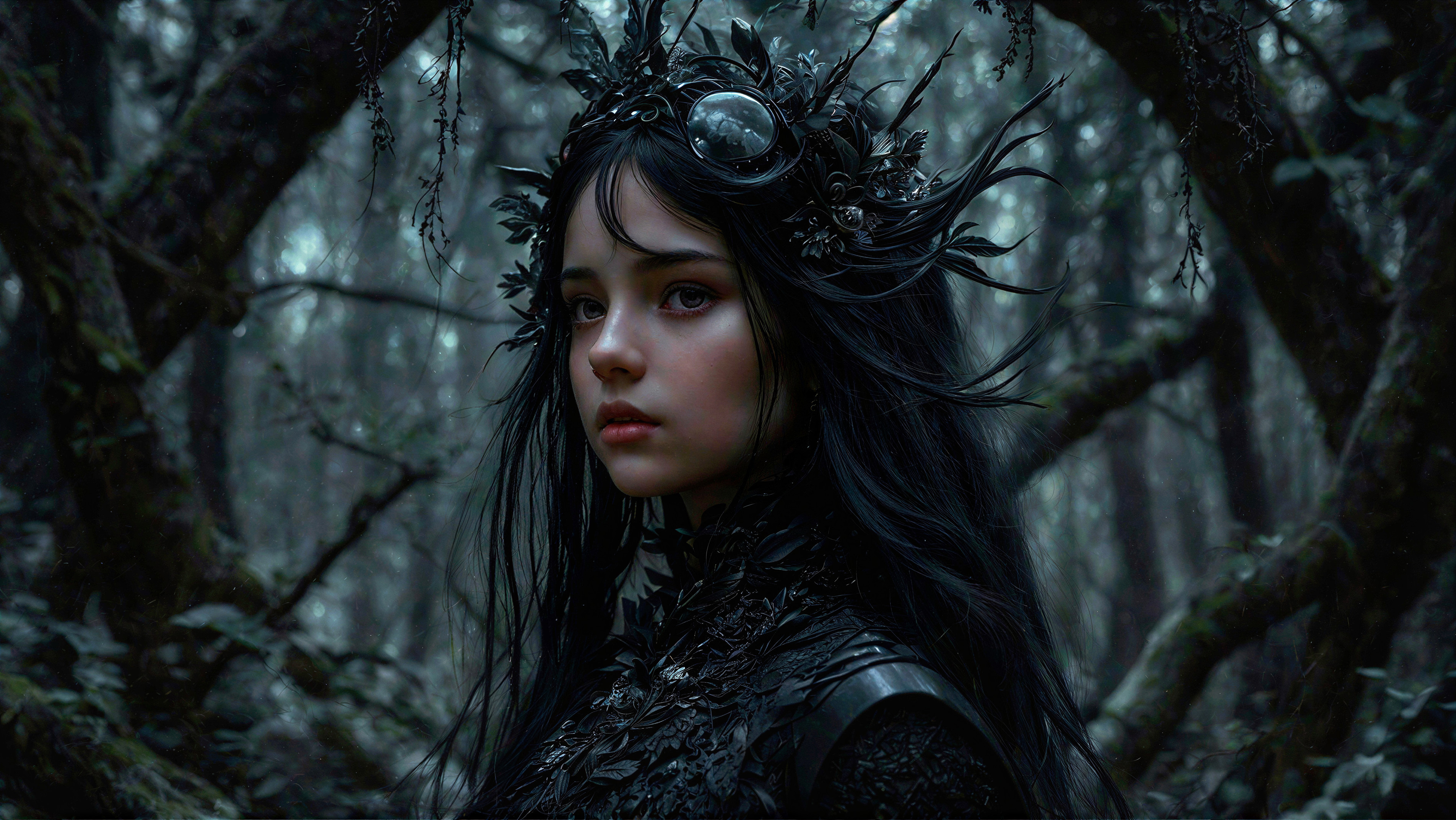 Young woman in dark forest with ethereal presence