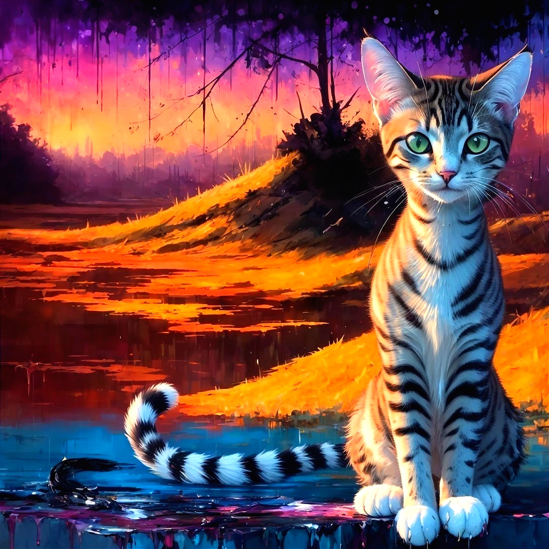 Striped cat by water's edge in vibrant digital painting