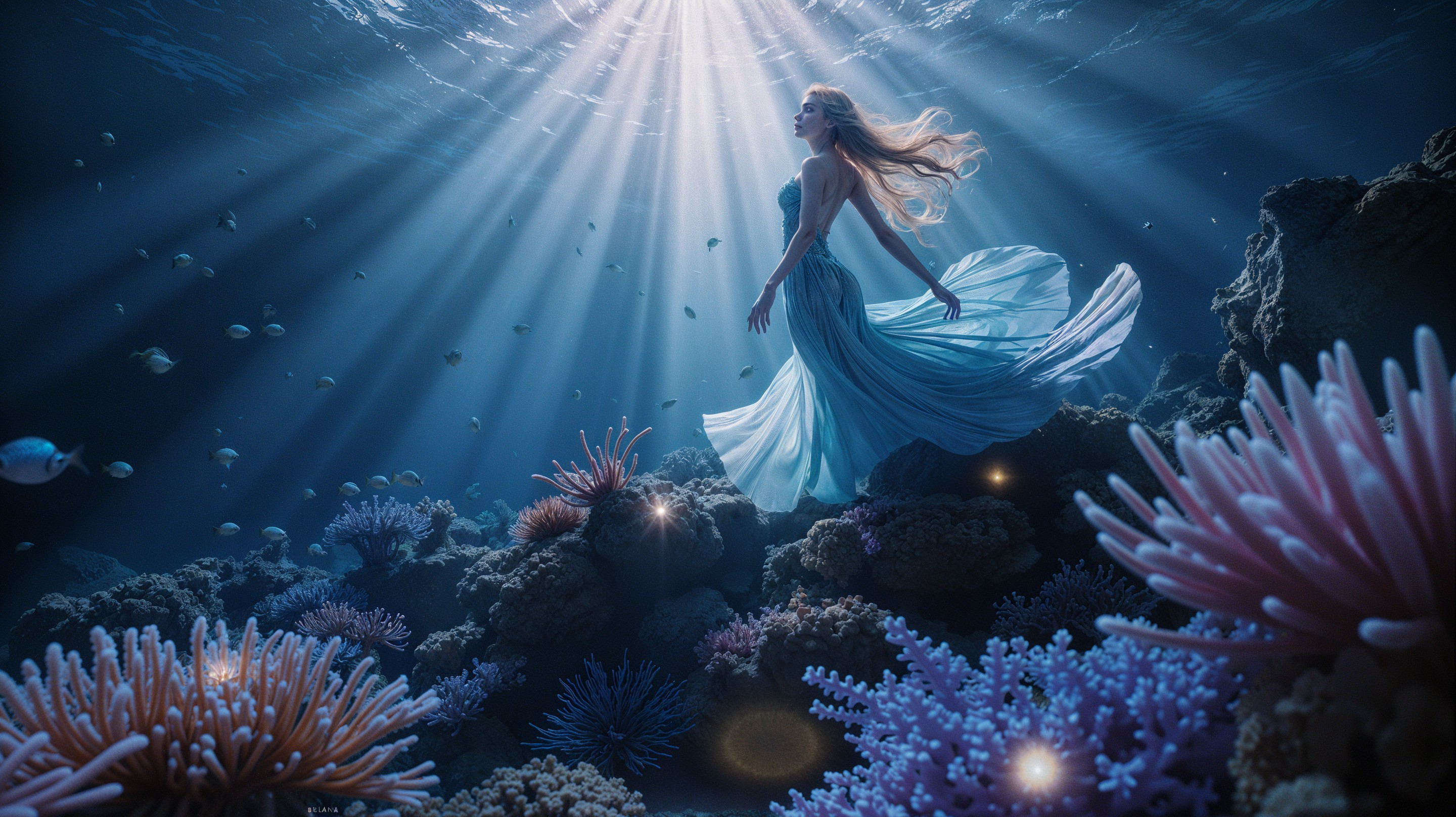 Underwater Scene with Figure in Blue Gown and Coral