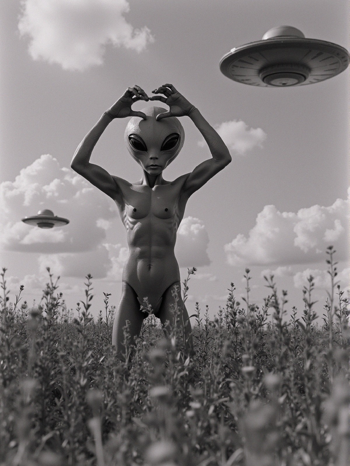 Alien Figure in Field with Flying Saucers and Clouds
