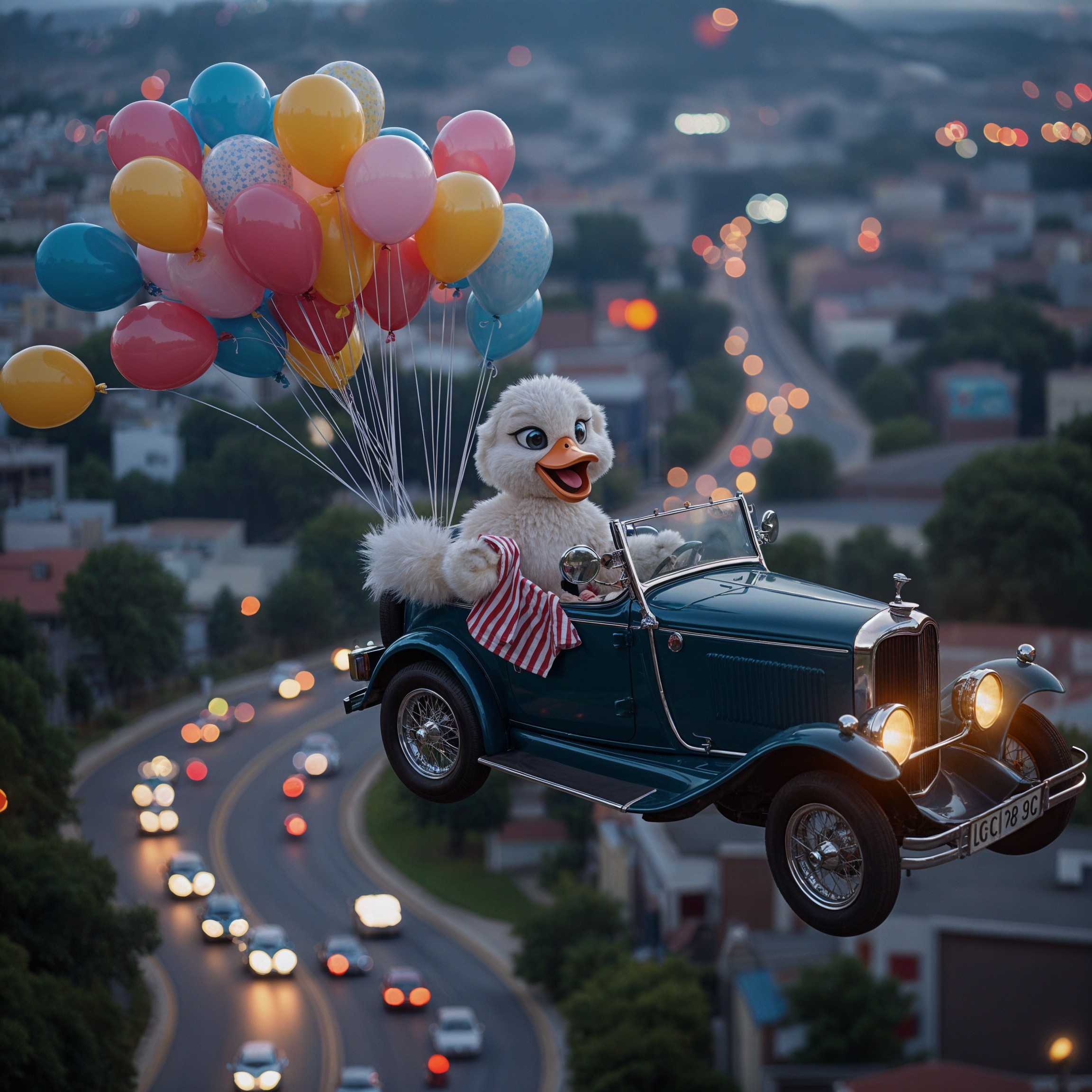 Cheerful Duck in Costume Drives Vintage Car with Balloons