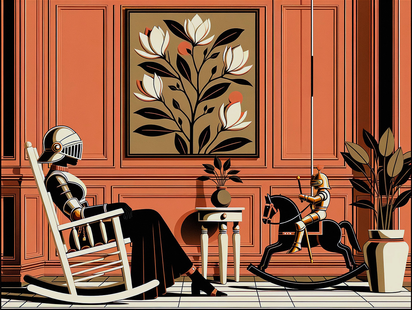 Elegant Room with Armored Figure and Floral Art