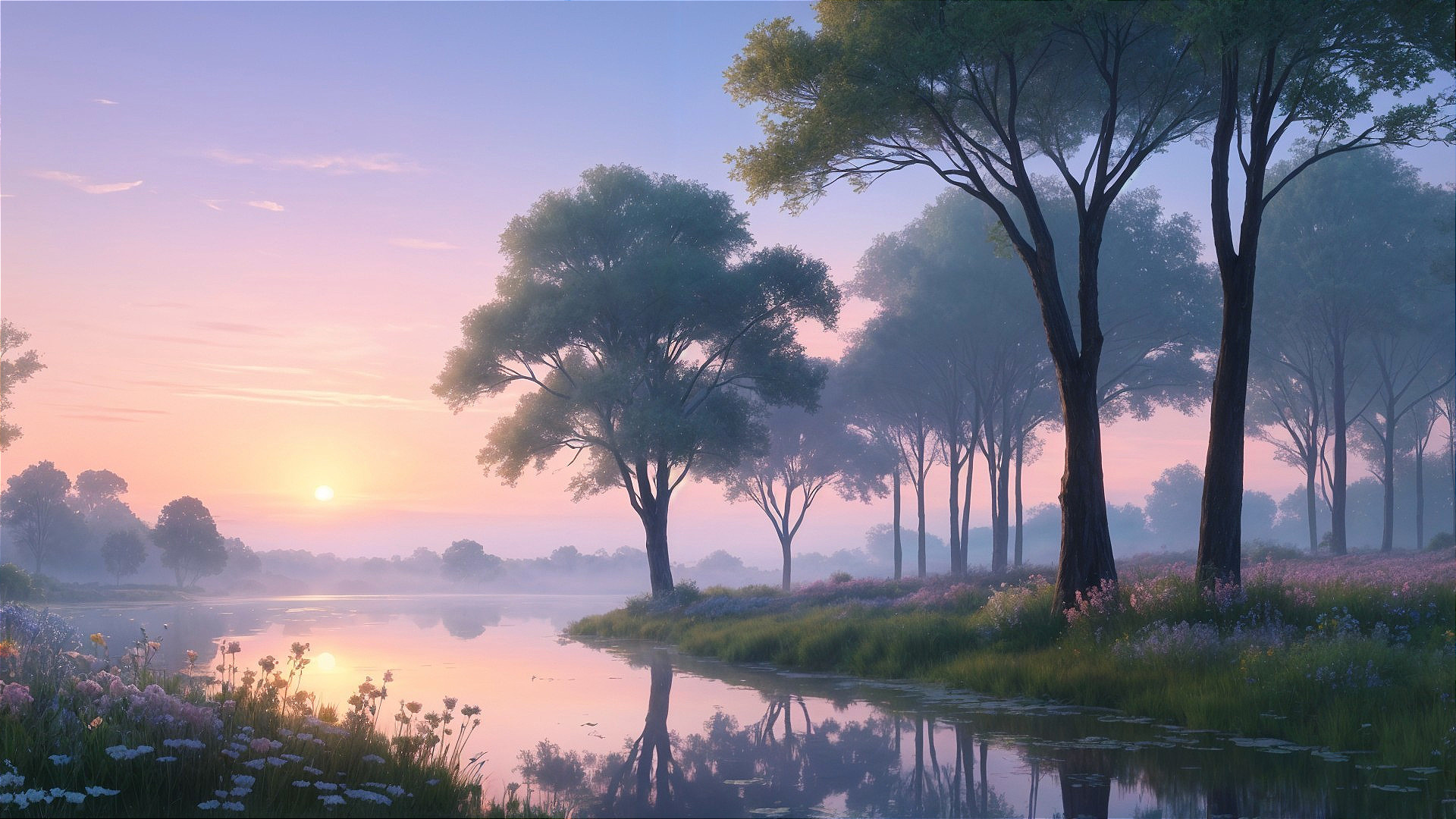 Serene Dawn Landscape with River and Lush Greenery
