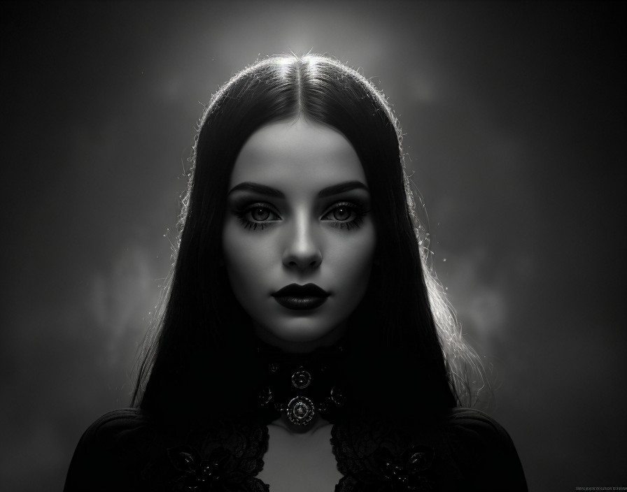 Black-and-white portrait of a young woman in gothic style