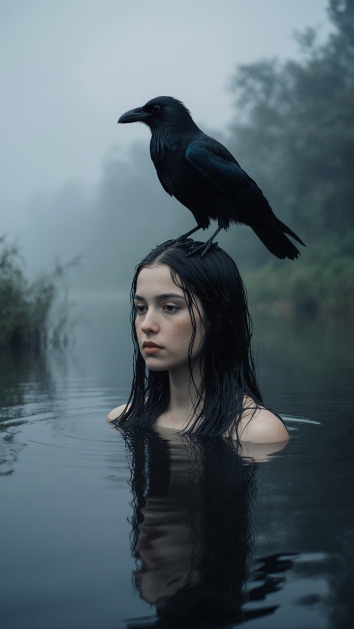Mystical Scene of Woman with Raven in Serene Landscape