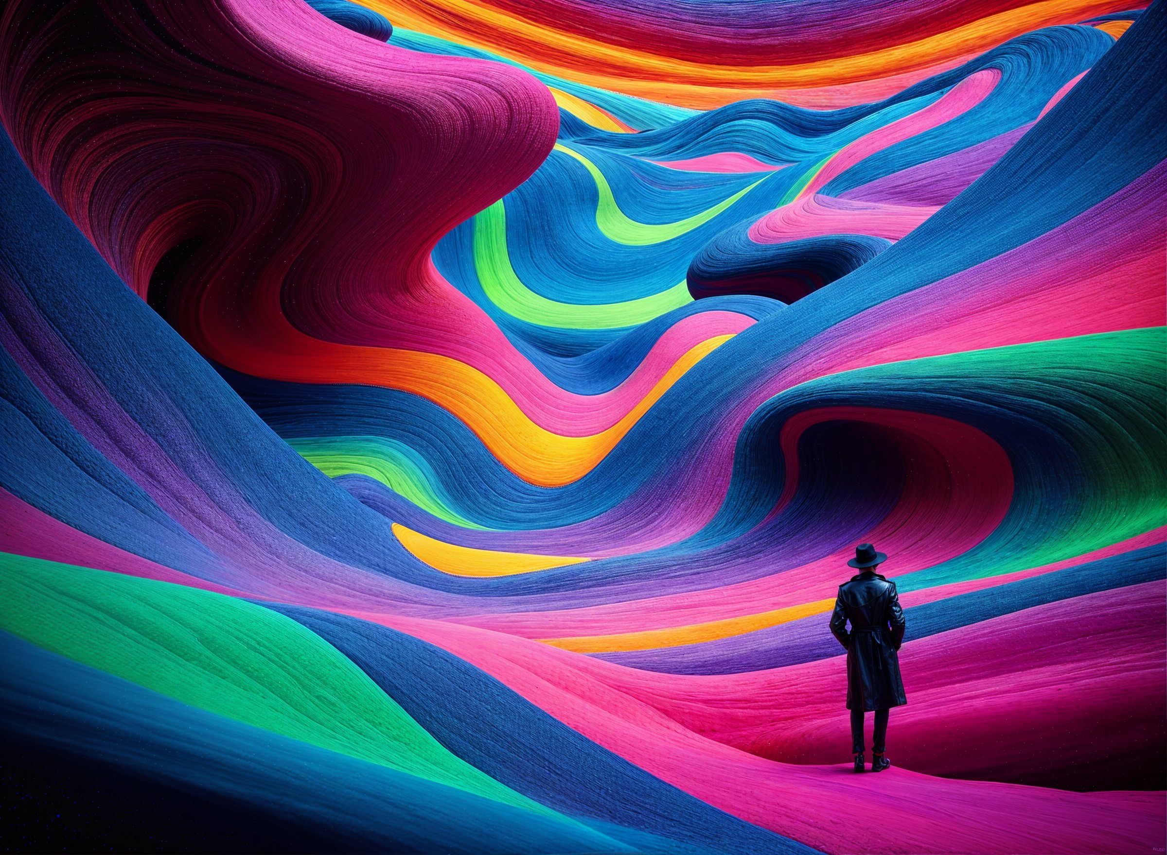 Lone Figure in a Vibrant, Surreal Landscape