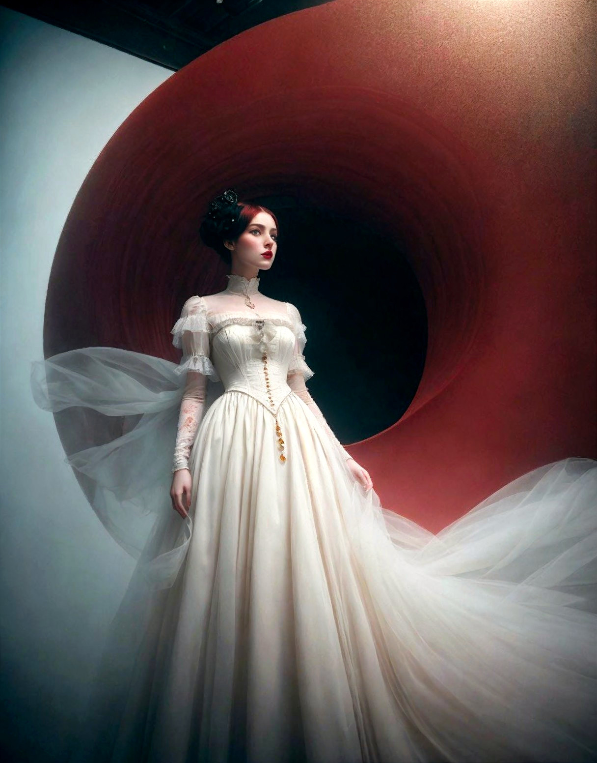 Elegant Woman in White Gown Against Red Backdrop