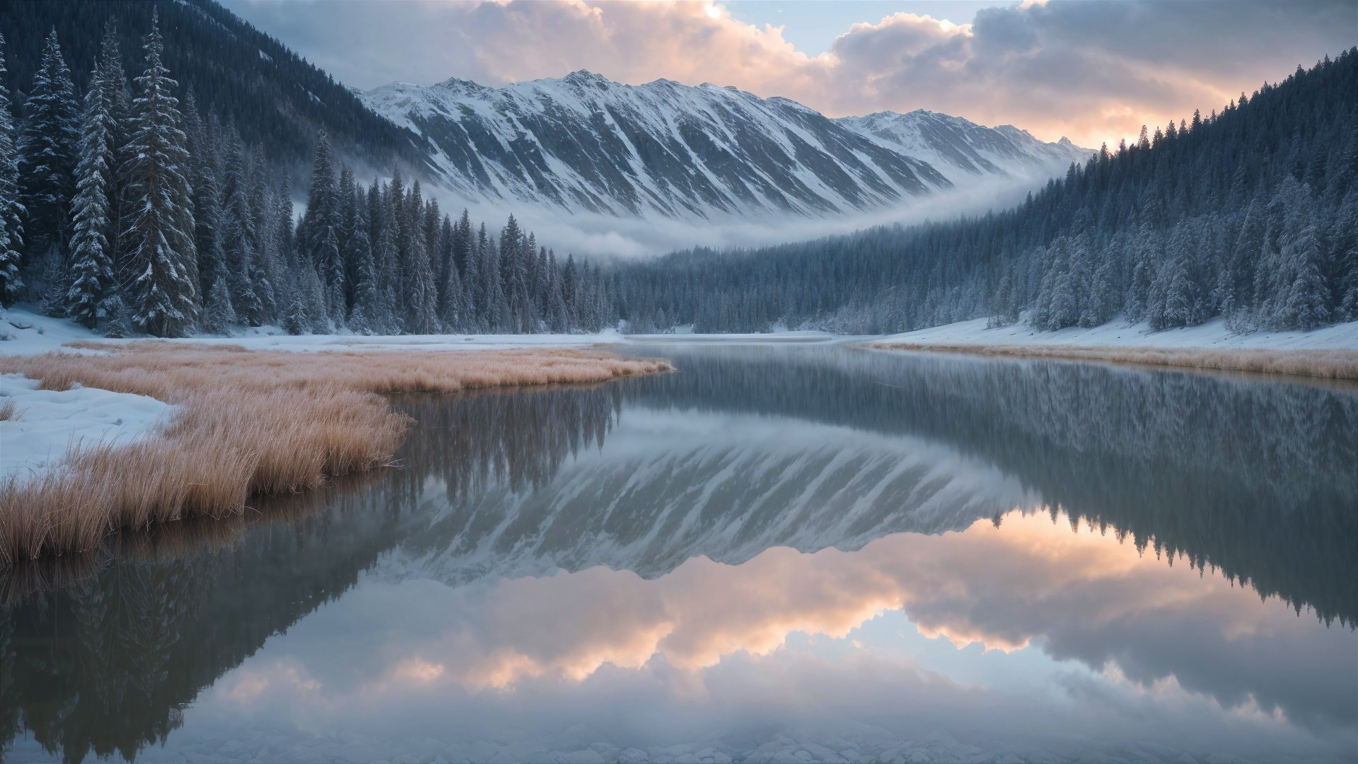 Serene Winter Landscape with Snow-Capped Mountains