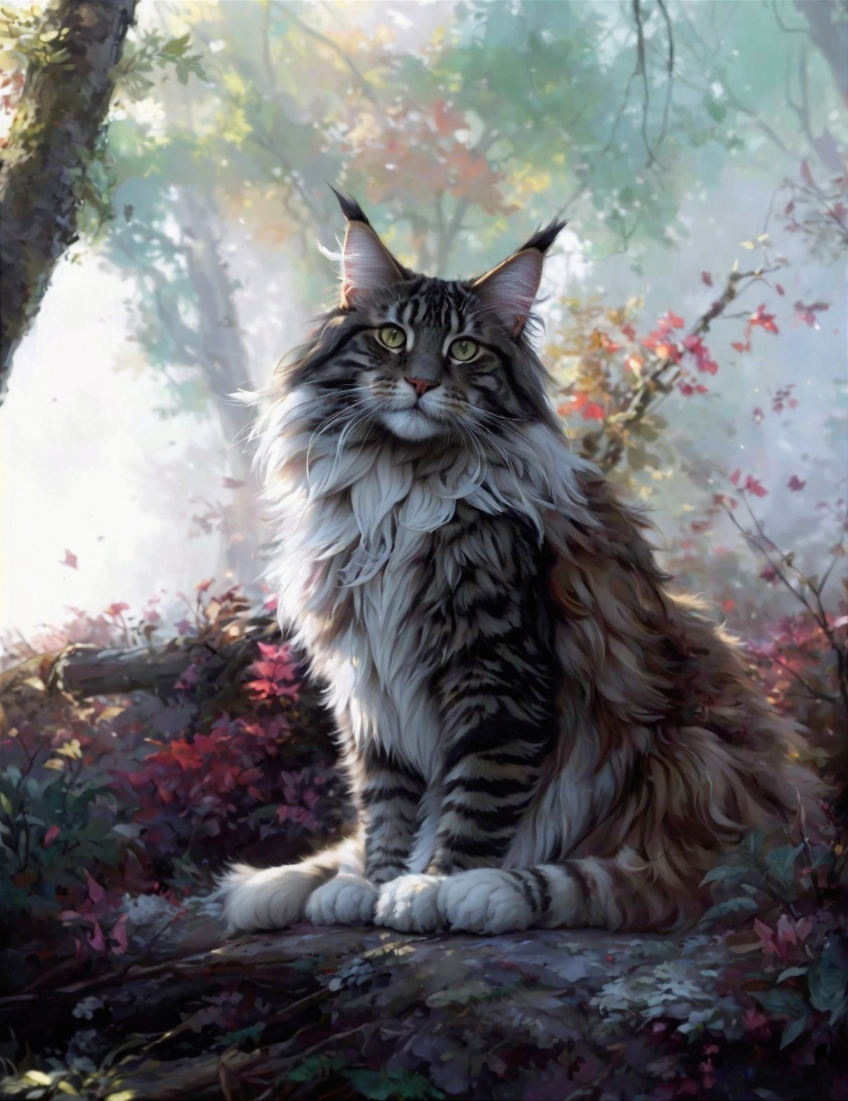 Long-Haired Cat in Serene Forest with Sunlight and Colorful Foliage