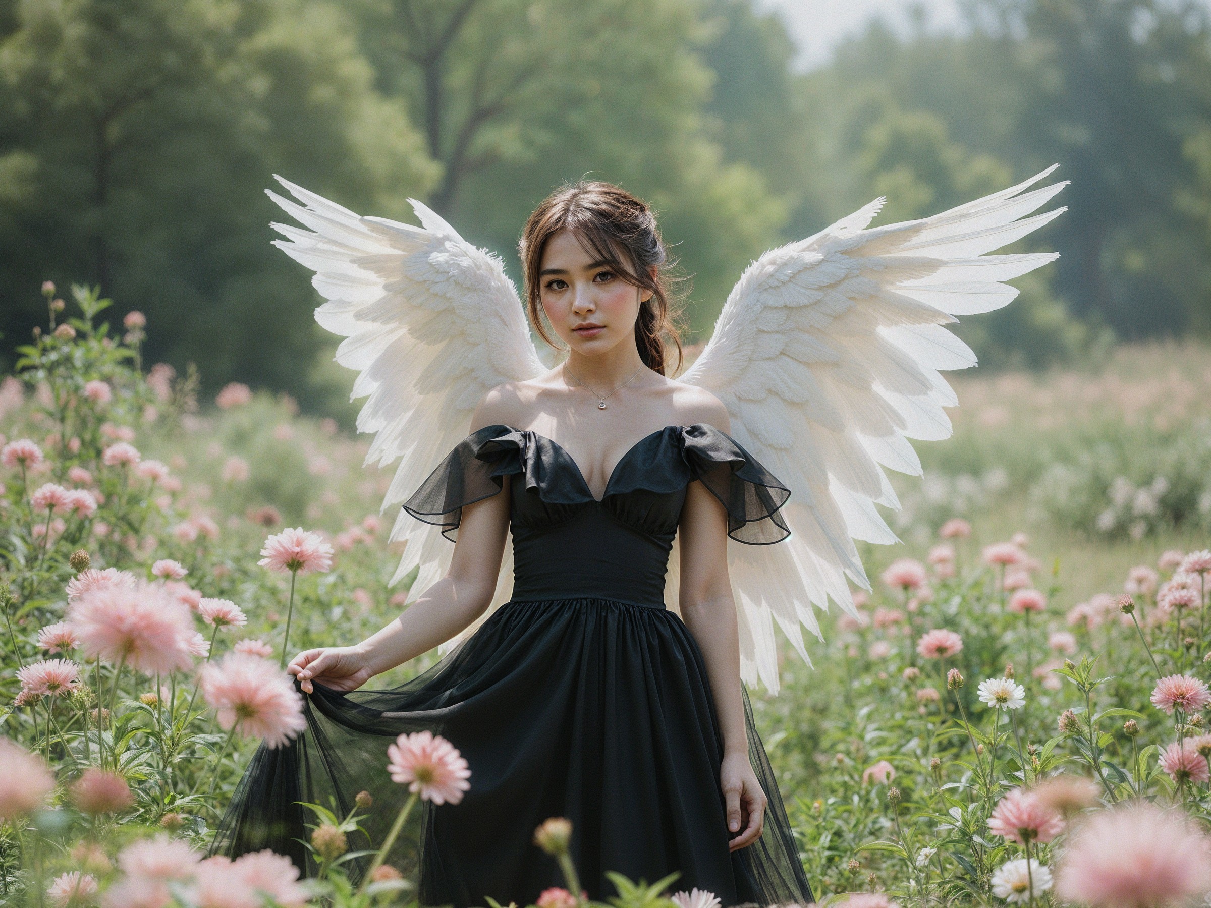 Young Woman in Black Gown with White Wings in Field