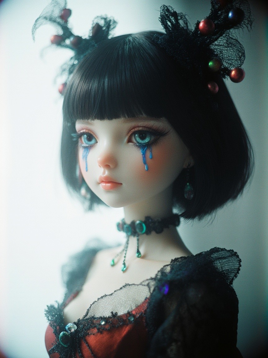 Delicate Doll with Blue Eyes and Dark Lace Dress