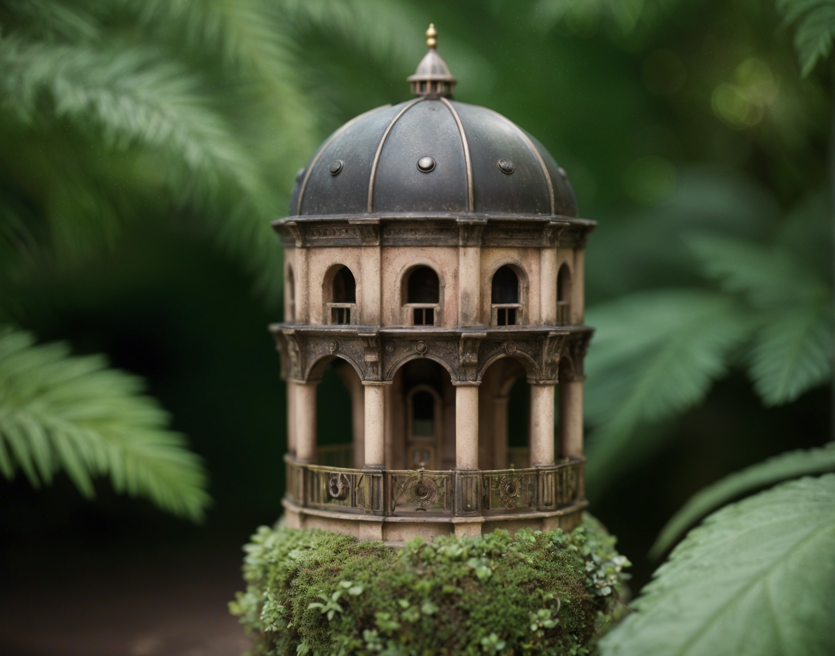 Intricate Miniature Pavilion with Domed Roof and Foliage