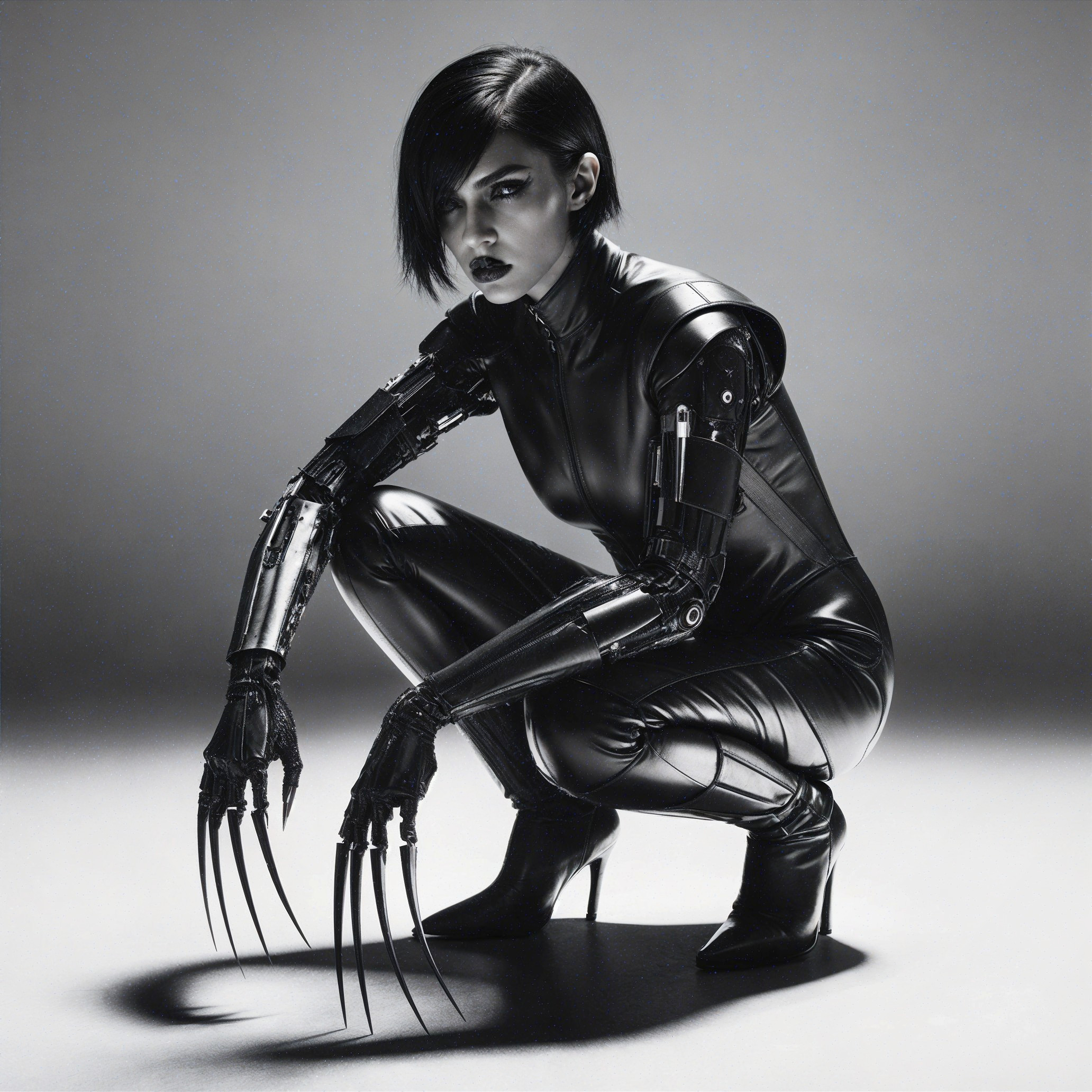Futuristic figure in glossy black suit with robotic arms