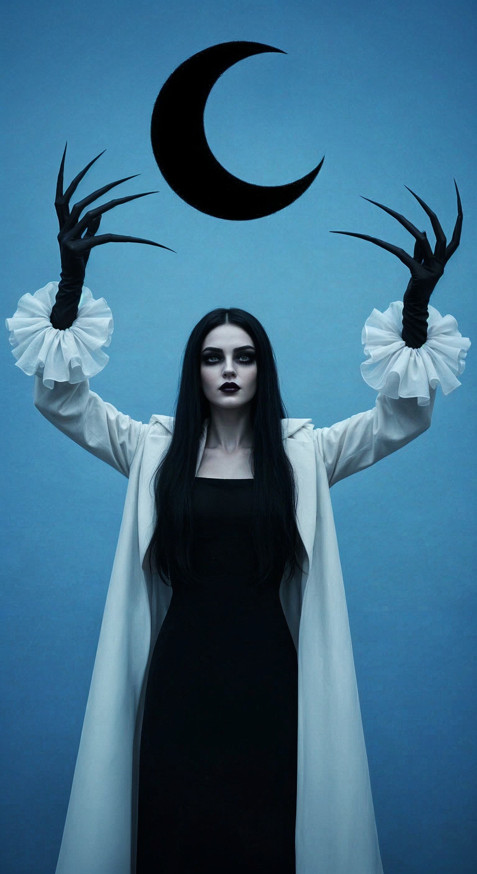 Woman in Black Dress with White Coat and Crescent Moon