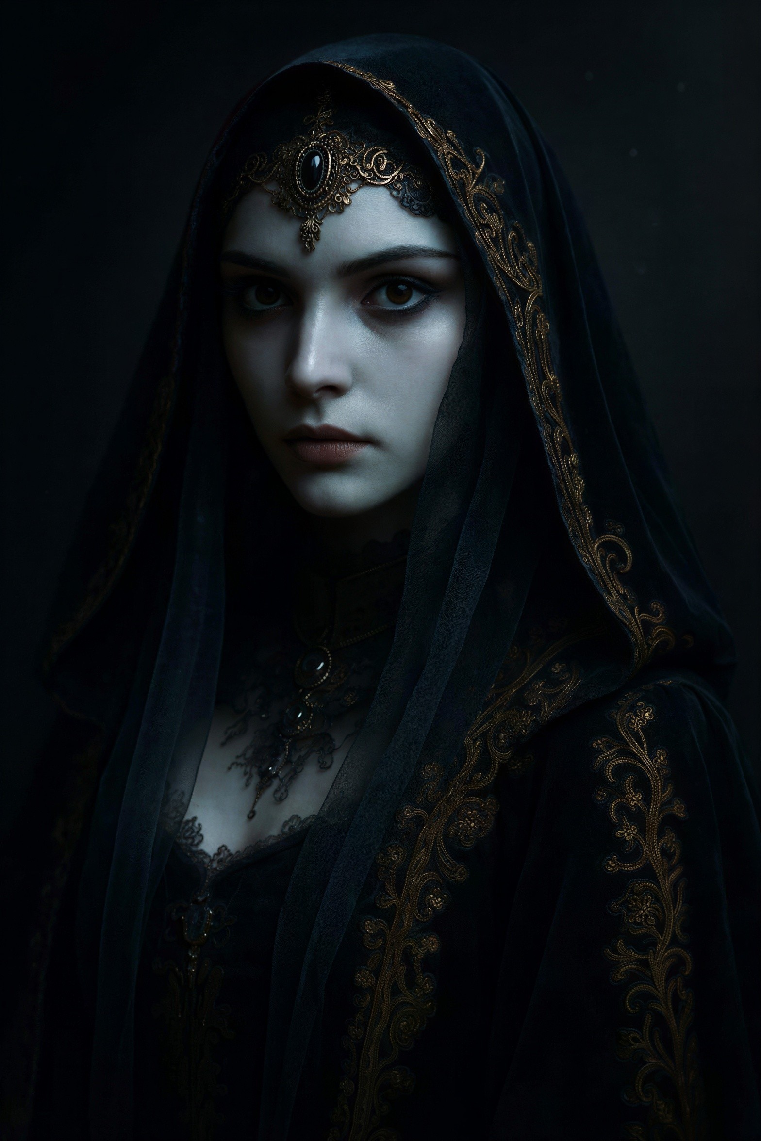 Half-length portrait of a woman in gothic-renaissance style