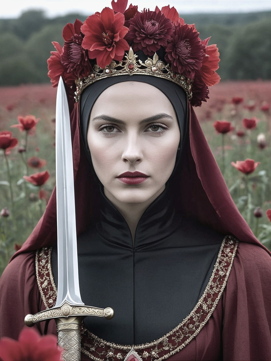Woman in Dark Red Gown in Poppy Field with Sword