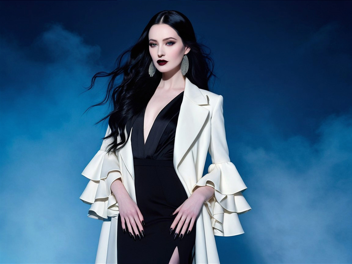 Model in Black Gown with Dramatic Blue Backdrop