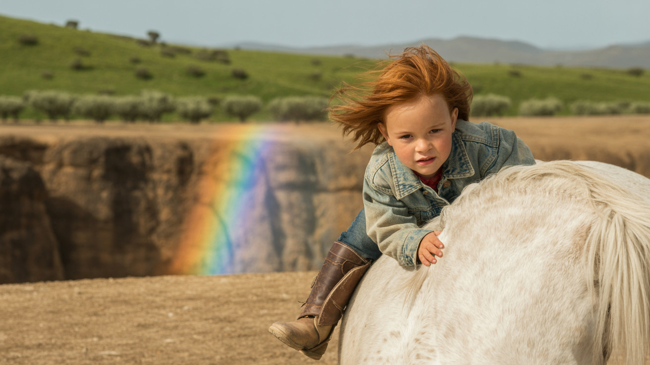 Child on White Horse in Scenic Landscape with Rainbow