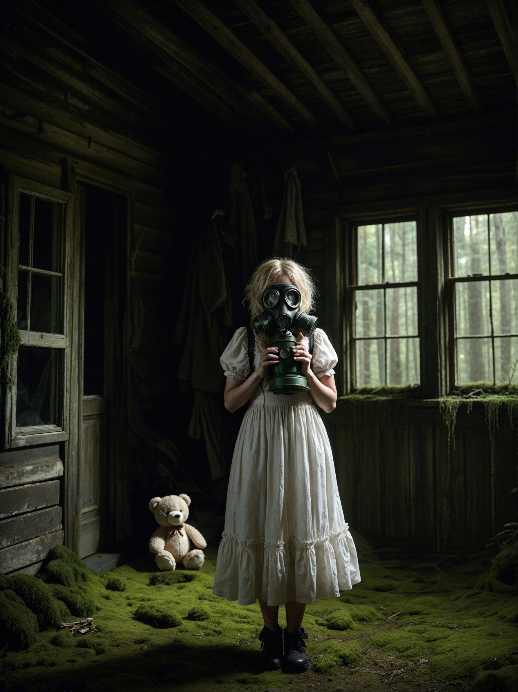 Eerie Scene of Girl in White Dress with Gas Mask