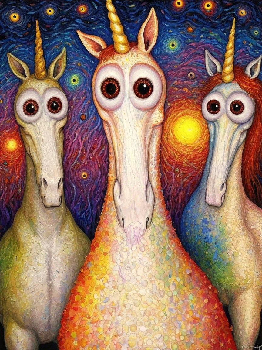Whimsical Painting of Three Colorful Unicorns