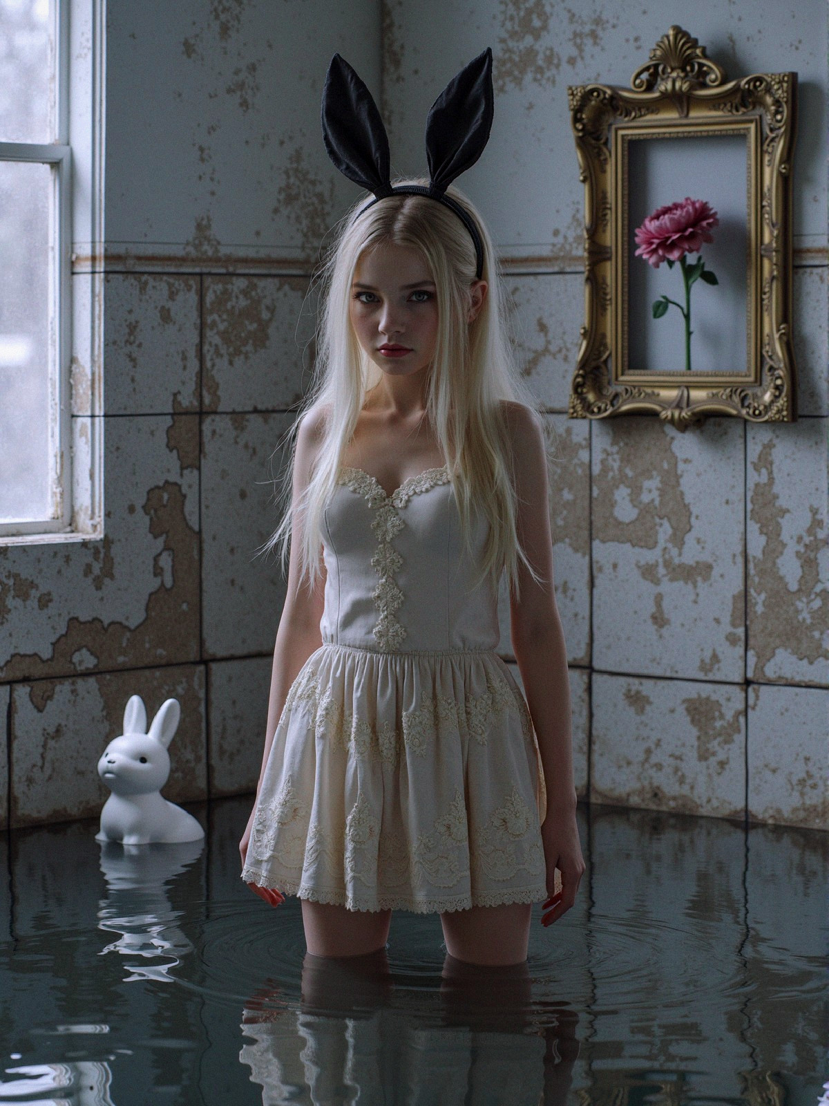 Young woman in frilly dress with bunny ears in water