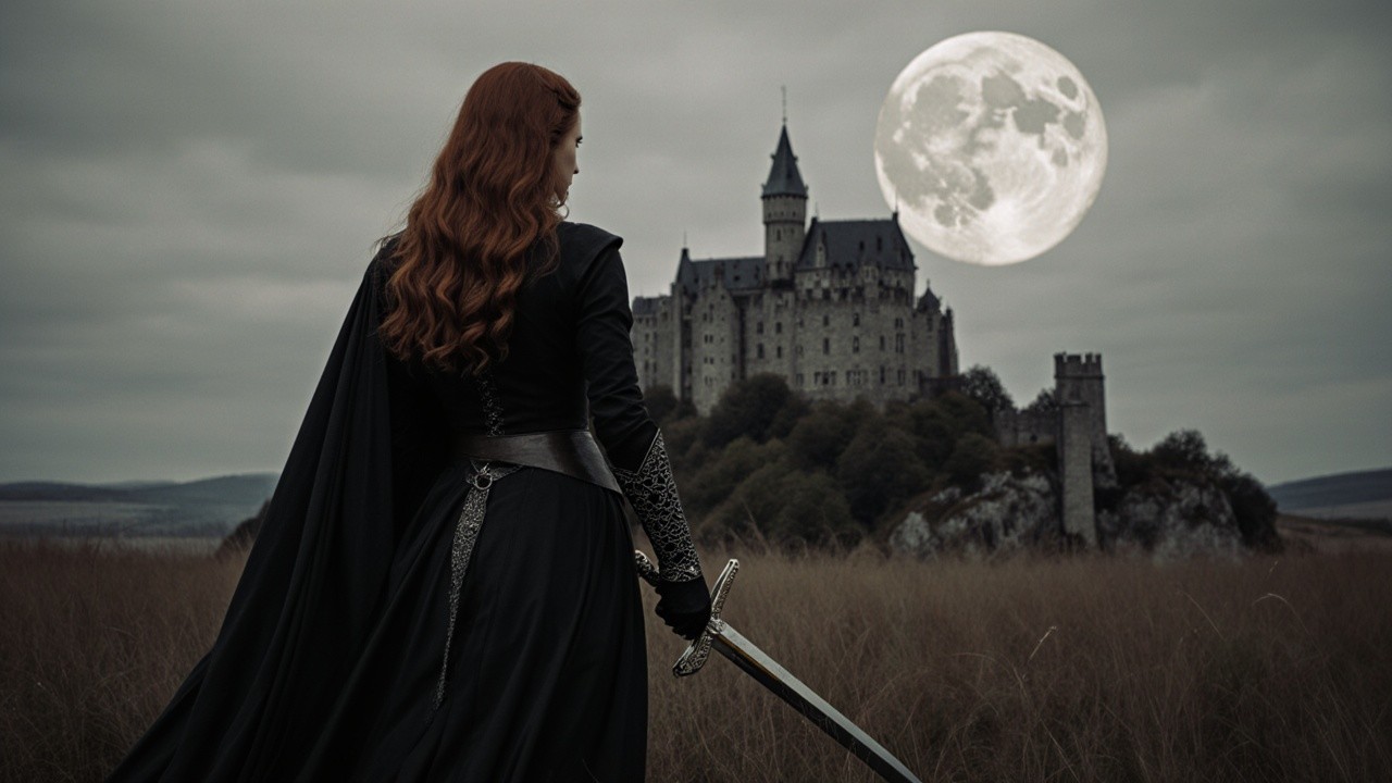 Warrior in Cloak Gazing at Castle Under Full Moon