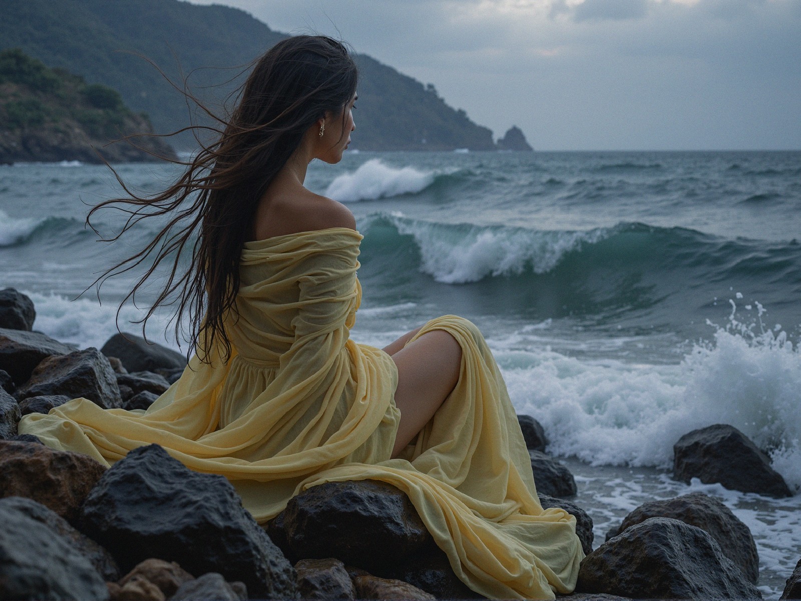 Woman in Yellow Dress by Rocky Shoreline with Waves
