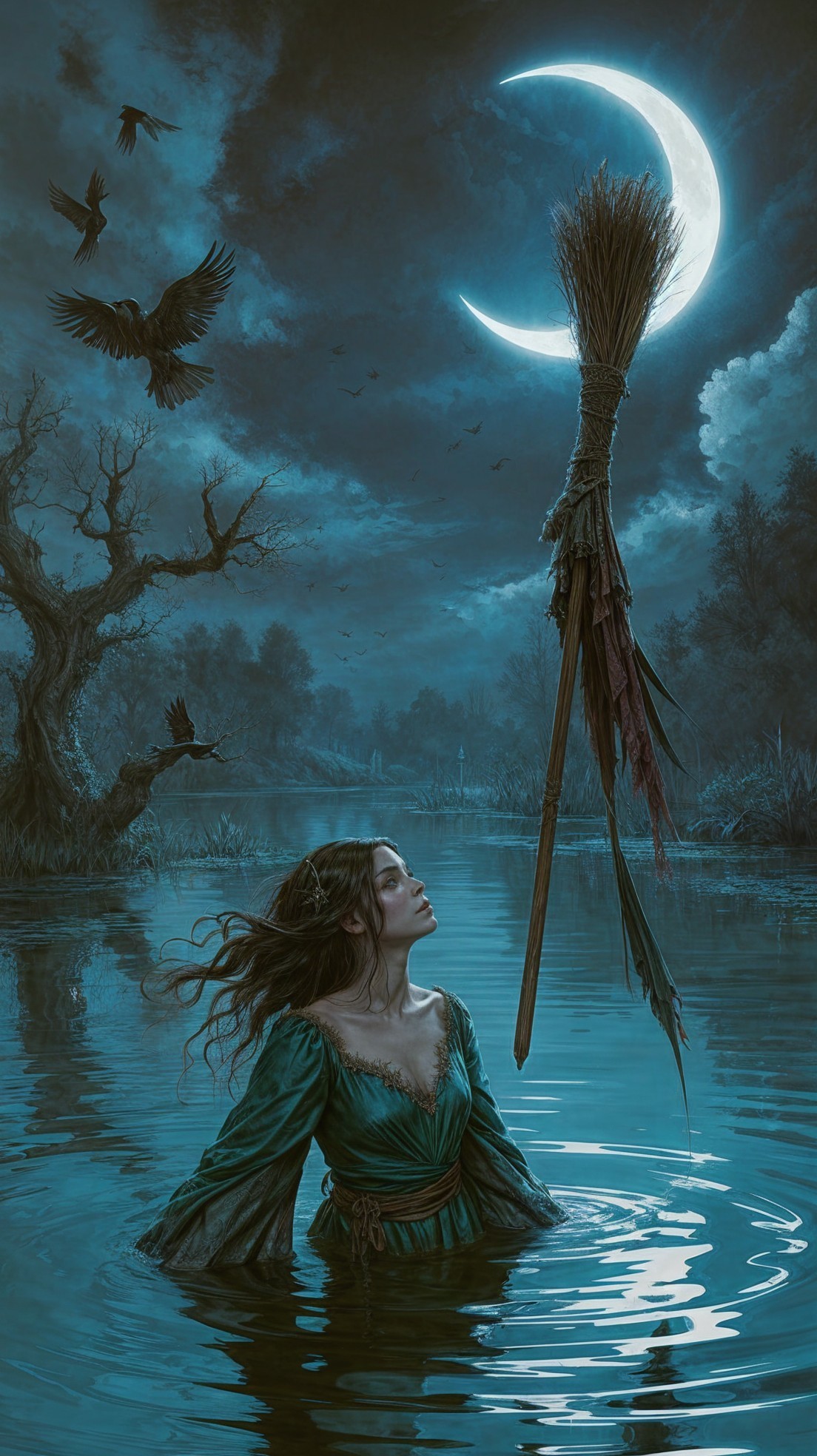 Moonlit Lake Scene with Young Woman in Emerald Gown
