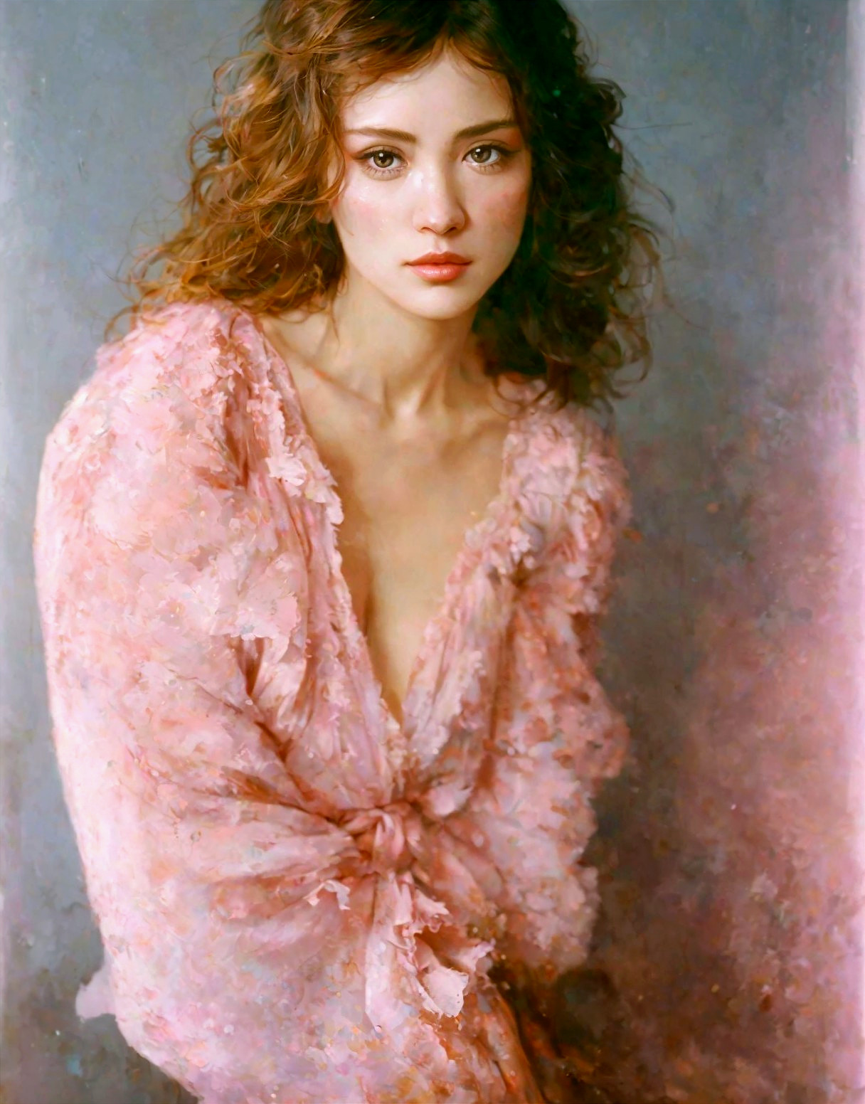 Woman with Wavy Hair in Pink Ruffled Garment gazes introspectively