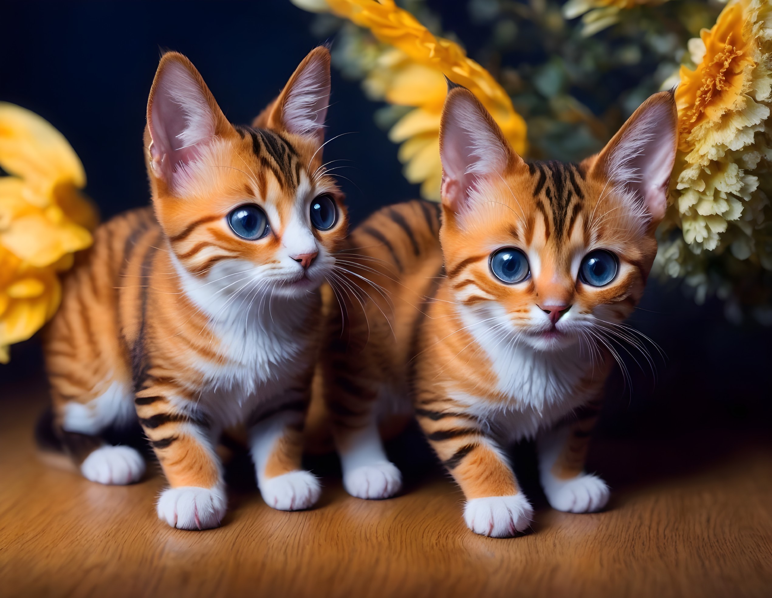 Orange Tabby Kittens with Blue Eyes Among Yellow Flowers on Dark Background