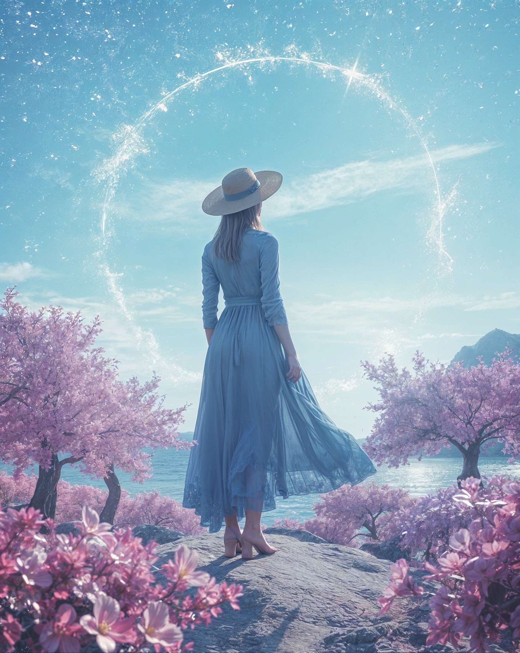 Woman in Blue Dress Amid Cherry Blossoms and Lake