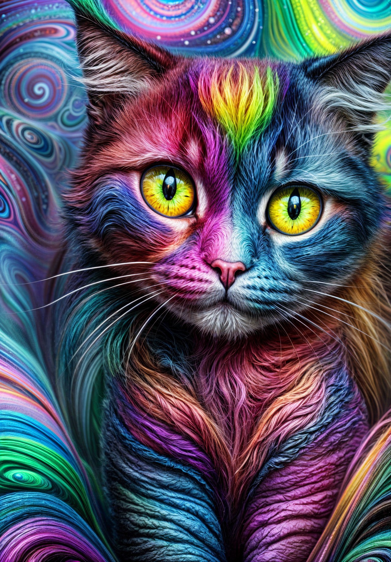 Colorful Cat Surrounded by Psychedelic Background