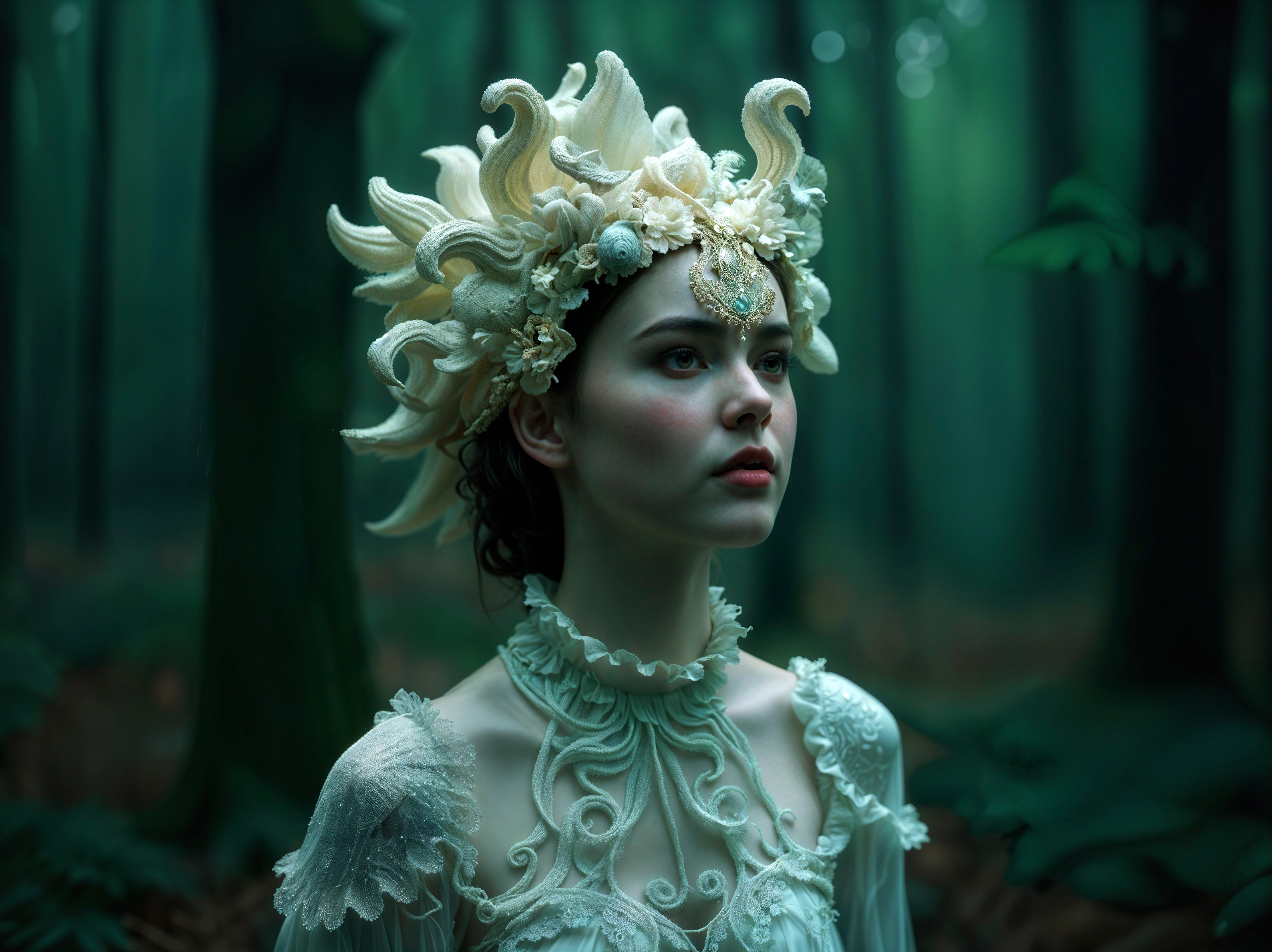 Young Woman in Ethereal Gown in Misty Forest
