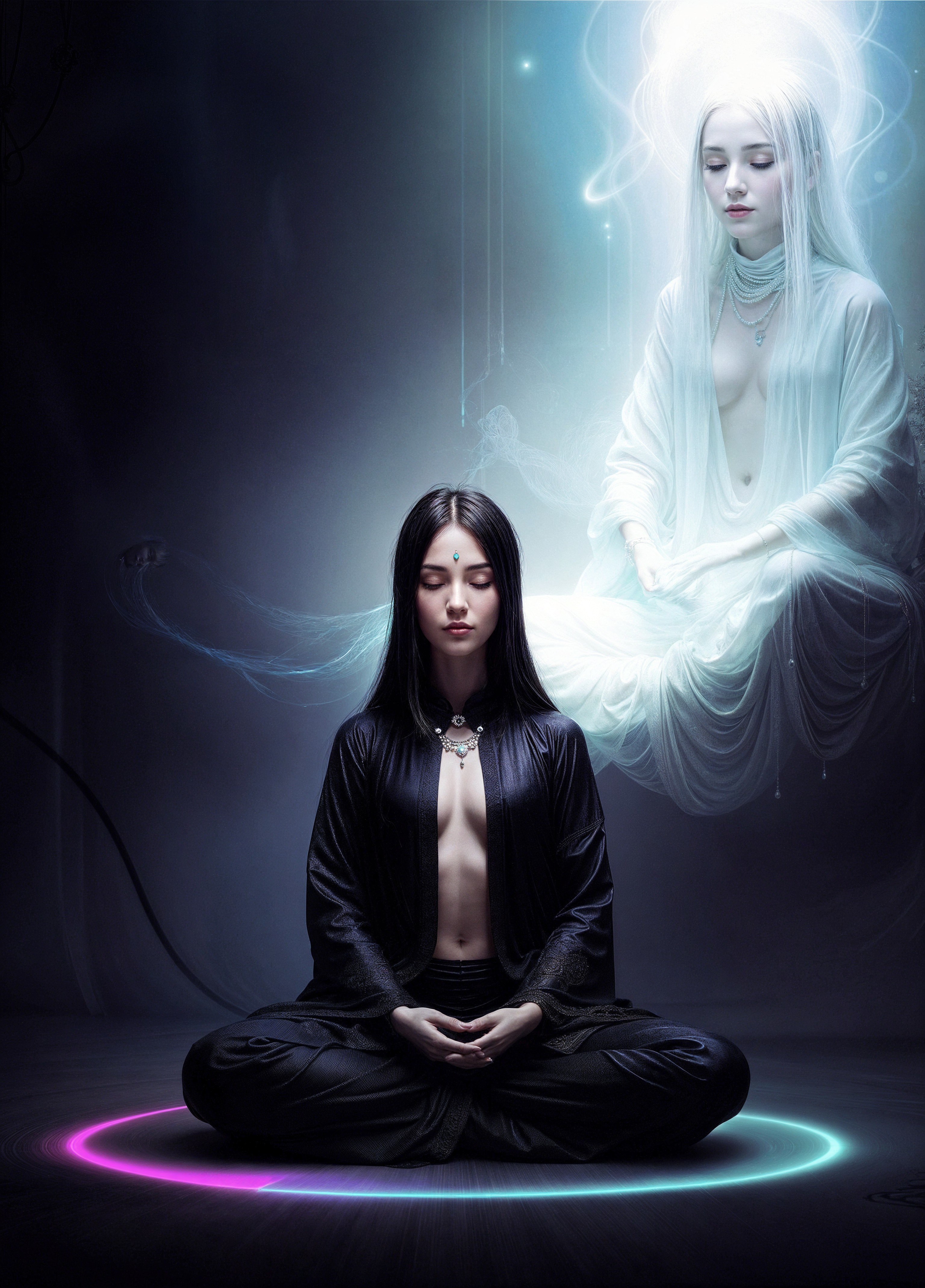 Meditative Figure with Ethereal Spirit in Soft Glow