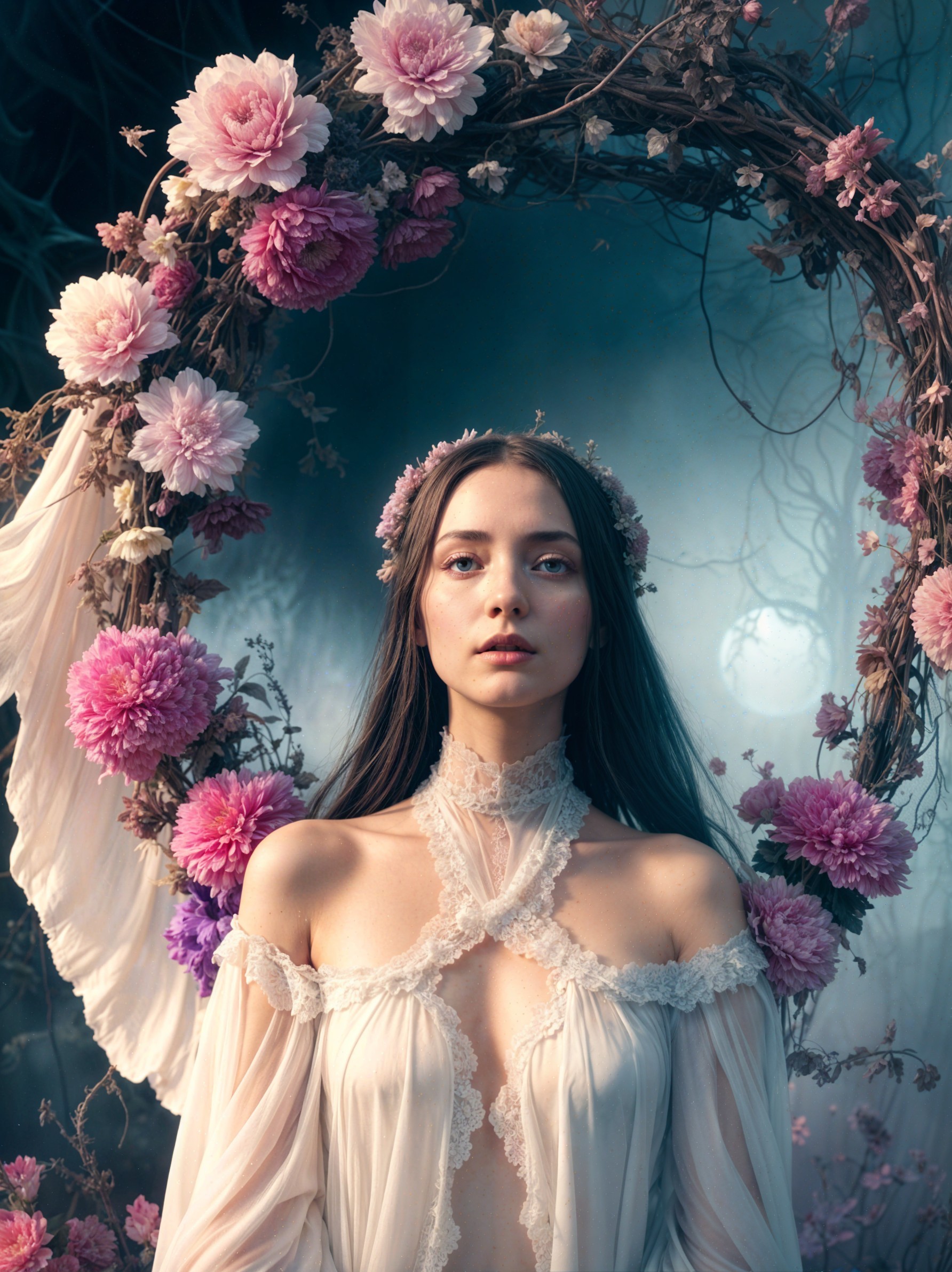 Serene figure in floral crescent with flowing gown