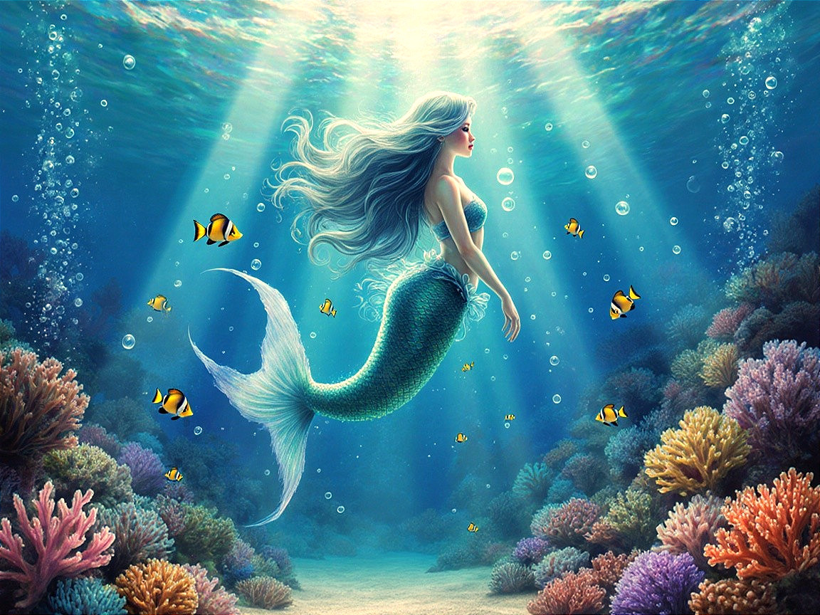 Underwater Scene Featuring a Graceful Mermaid