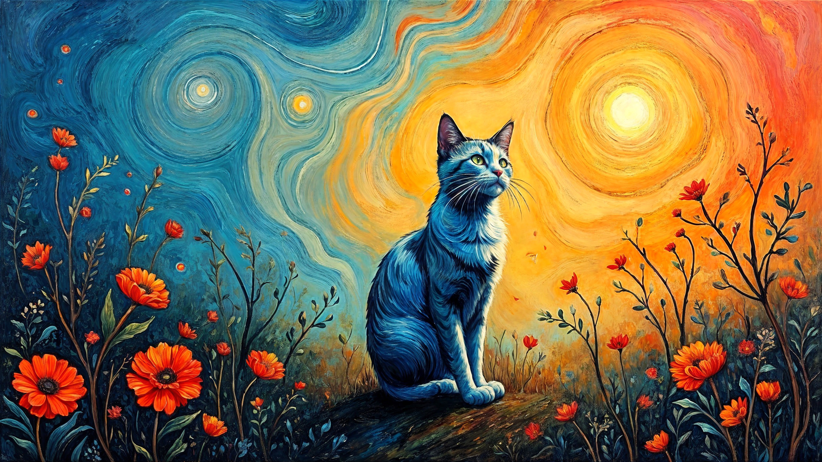 Blue Cat Surrounded by Orange Flowers and Sunlight