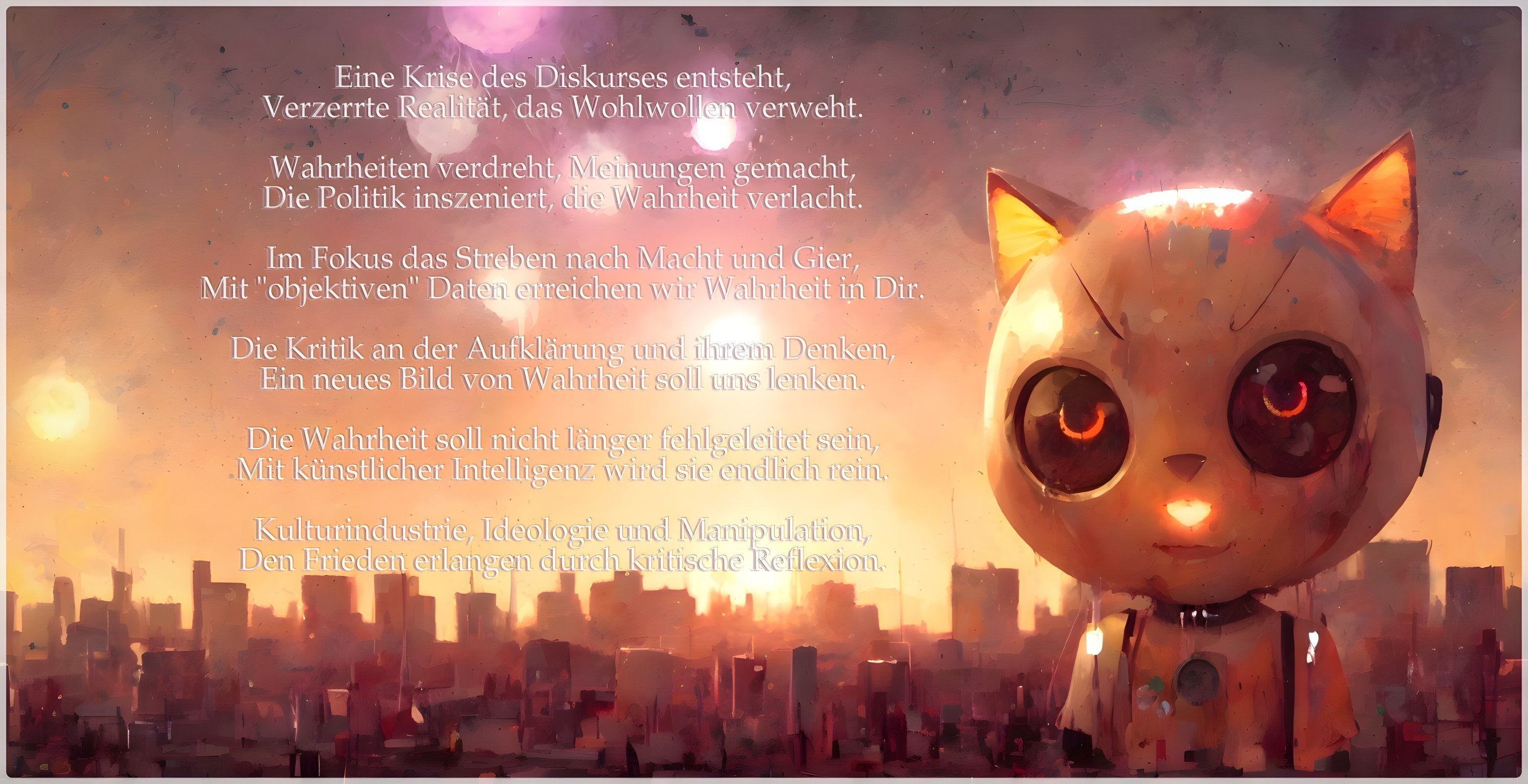 Large-eyed cat digital artwork on warm cityscape at sunset with German text