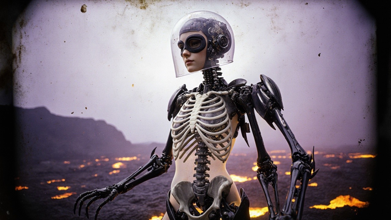 Futuristic Robot in Volcanic Landscape with Lava