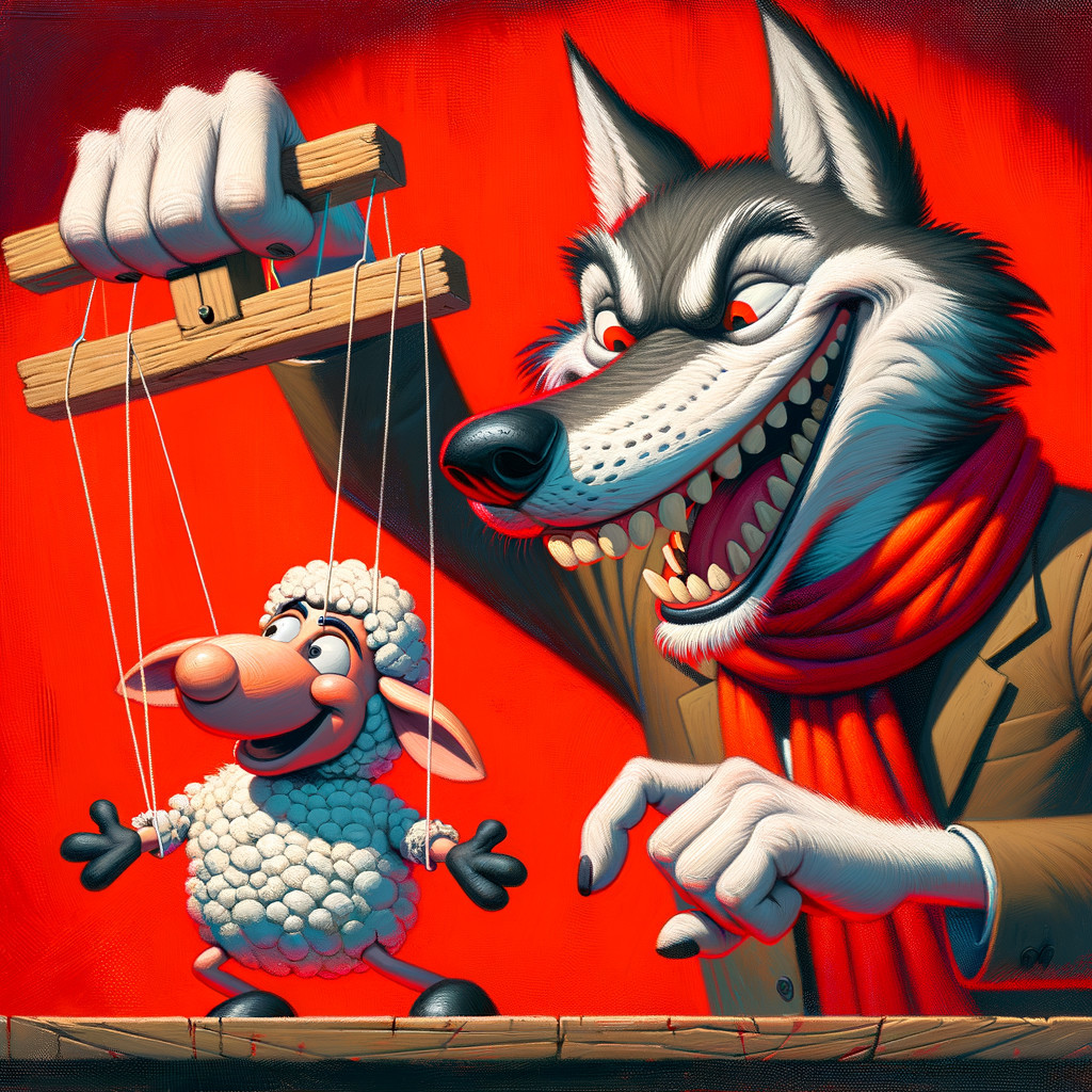 Wolf Manipulating Sheep Puppet in Tension-Filled Scene