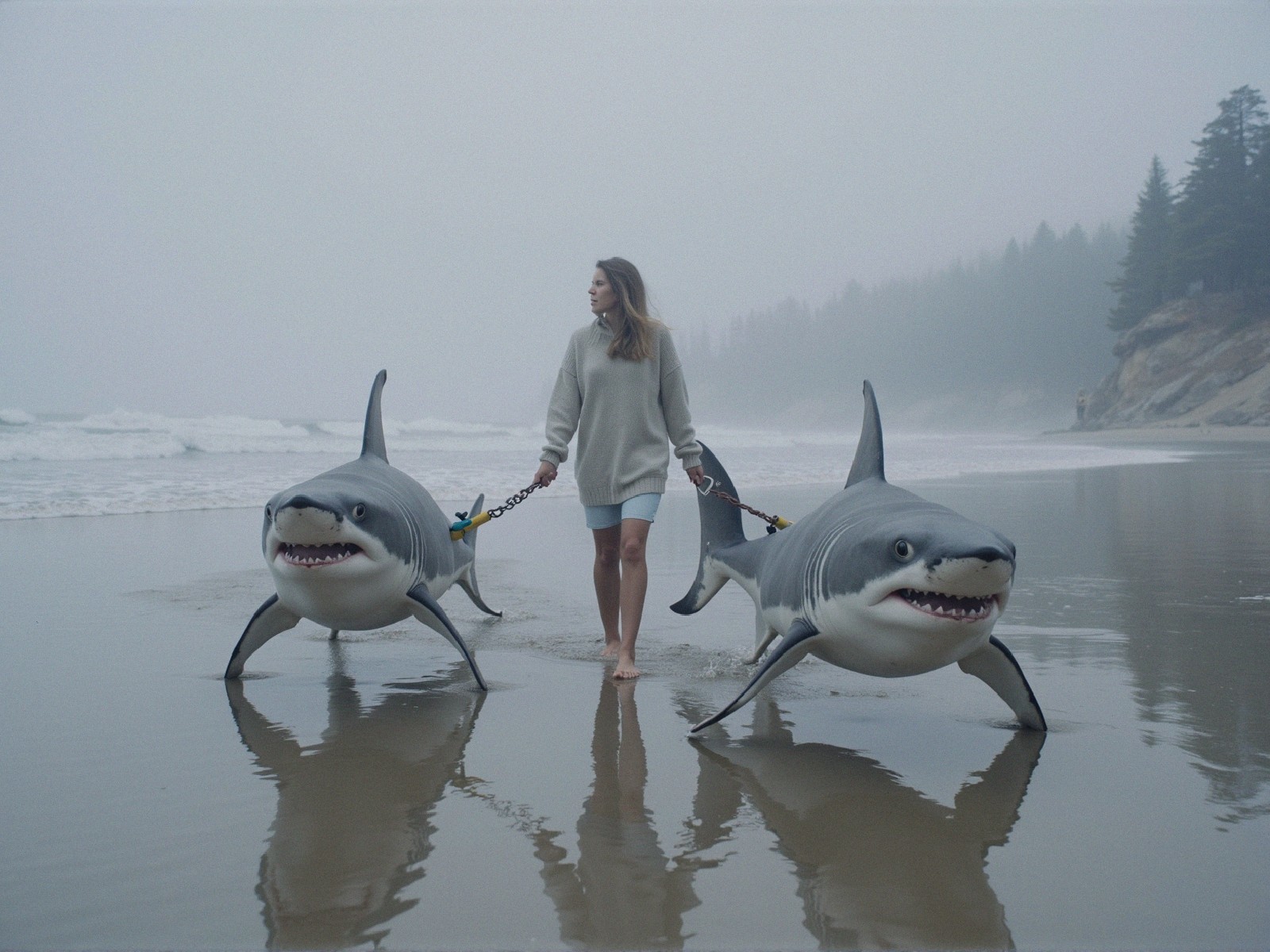 Young woman with inflatable sharks on foggy beach