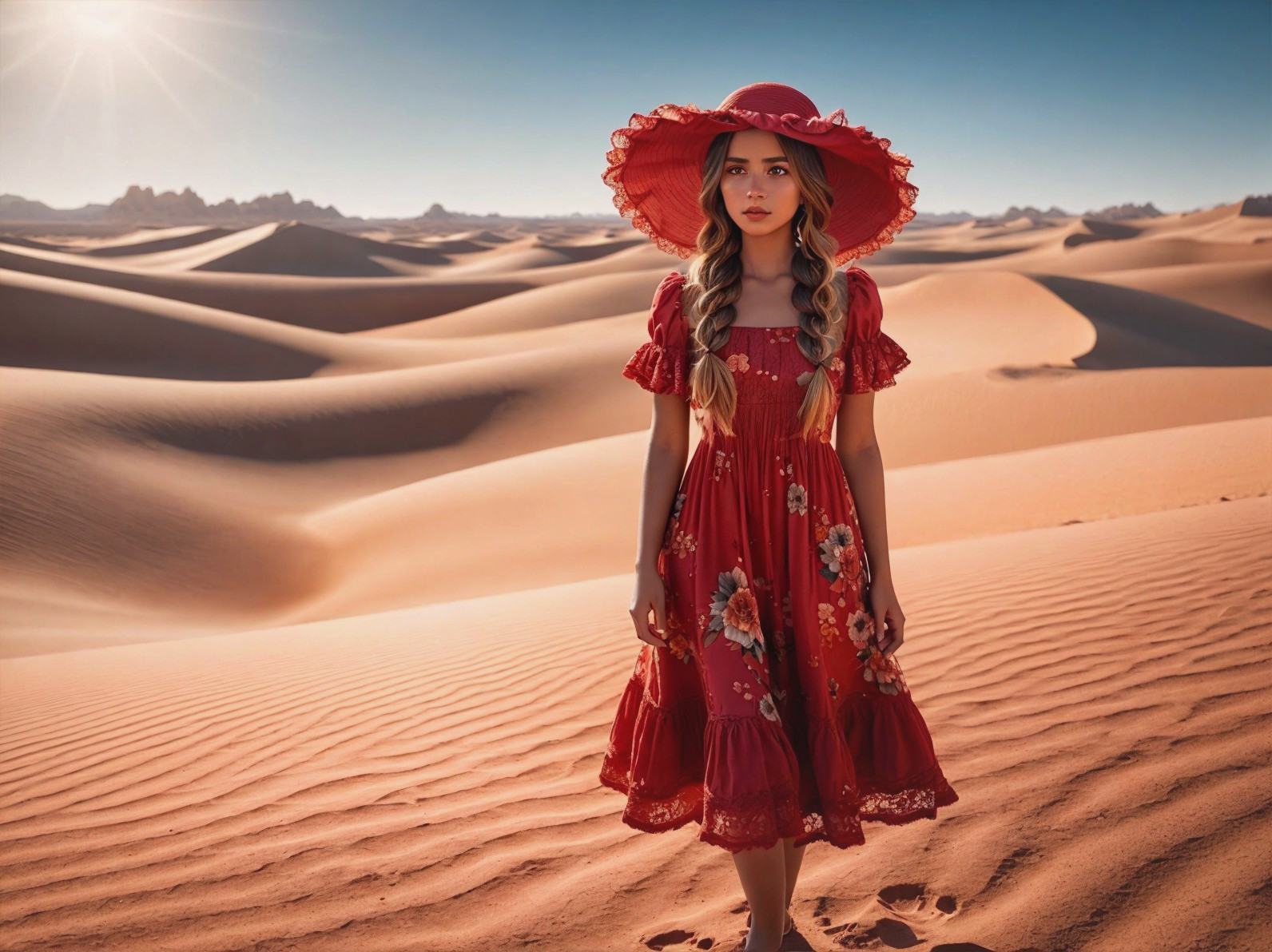 Young Woman in Floral Dress in Desert Landscape