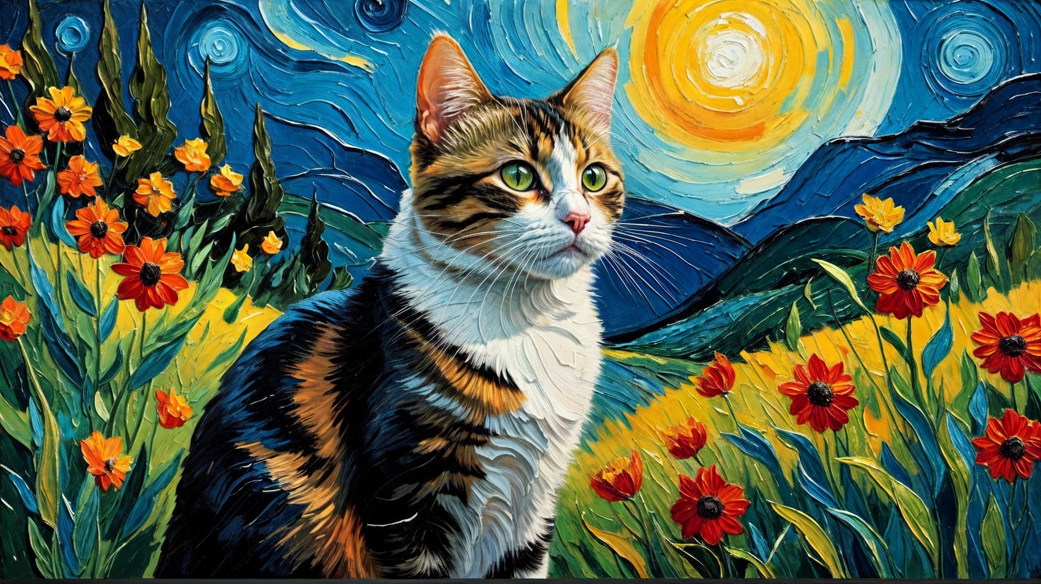 Stylized Cat with Colorful Starry Sky and Hills