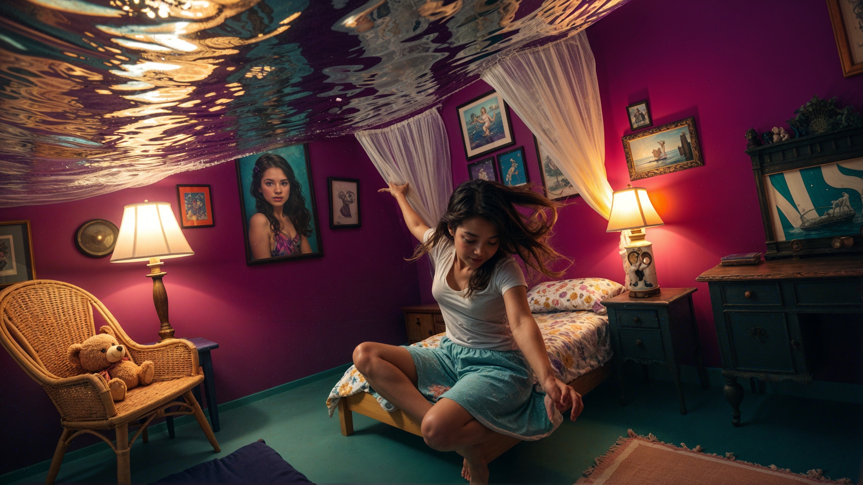 Whimsical Bedroom Scene with Dreamlike Elements