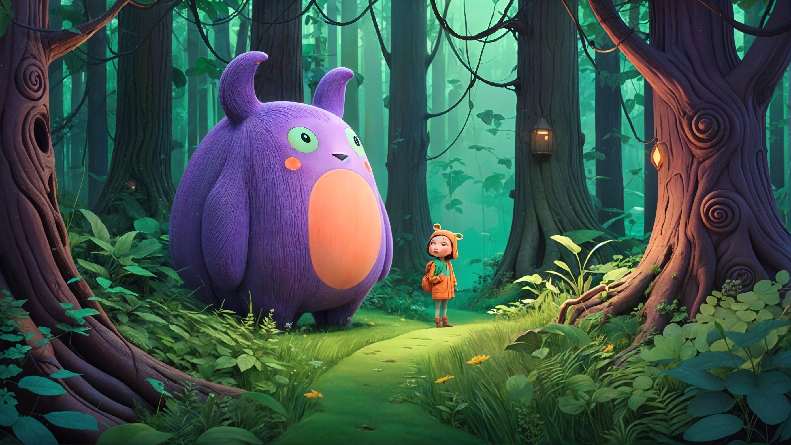 Curious Child and Friendly Creature in Enchanted Forest