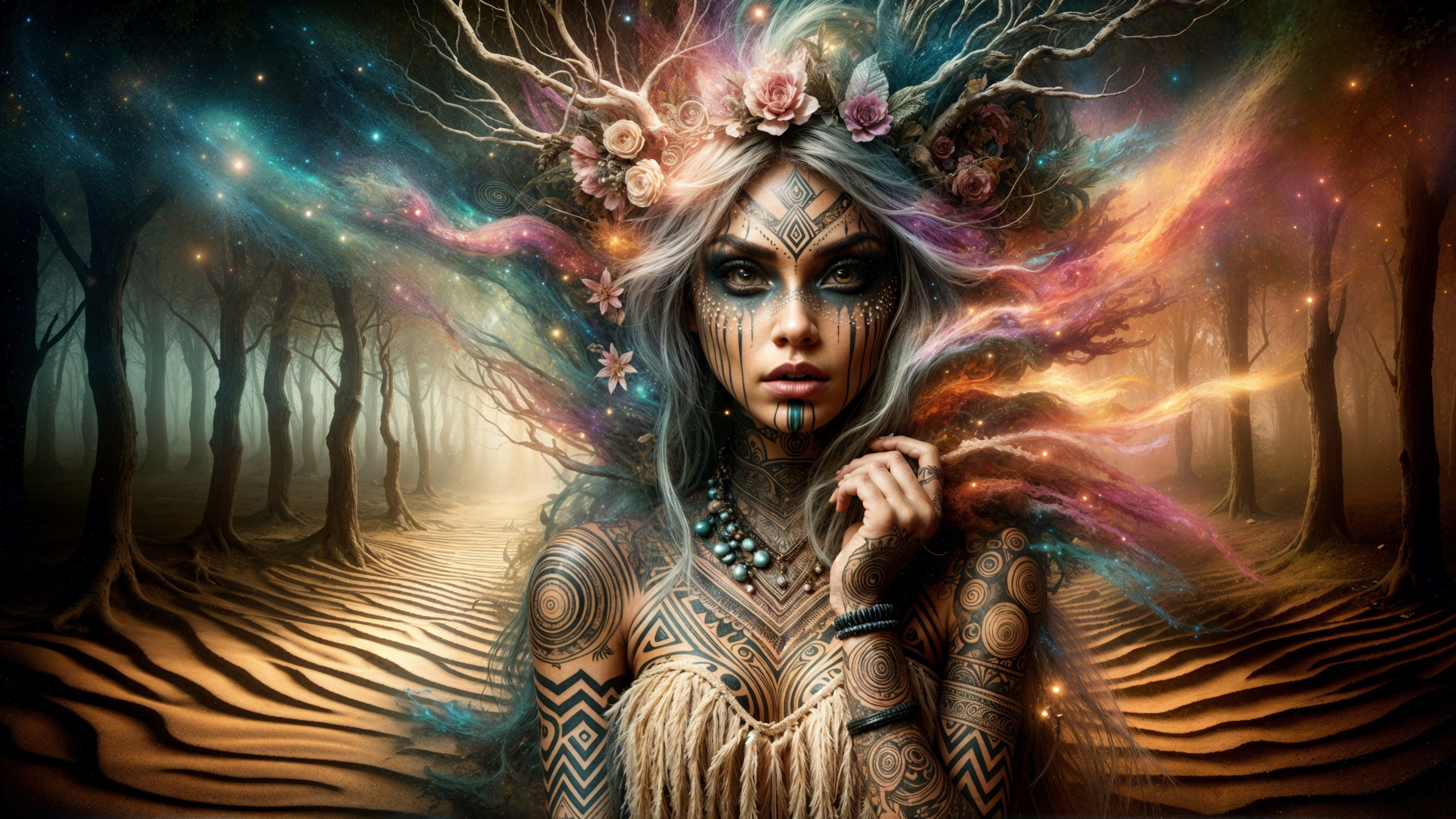 Mystical Woman in Surreal Landscape with Tattoos