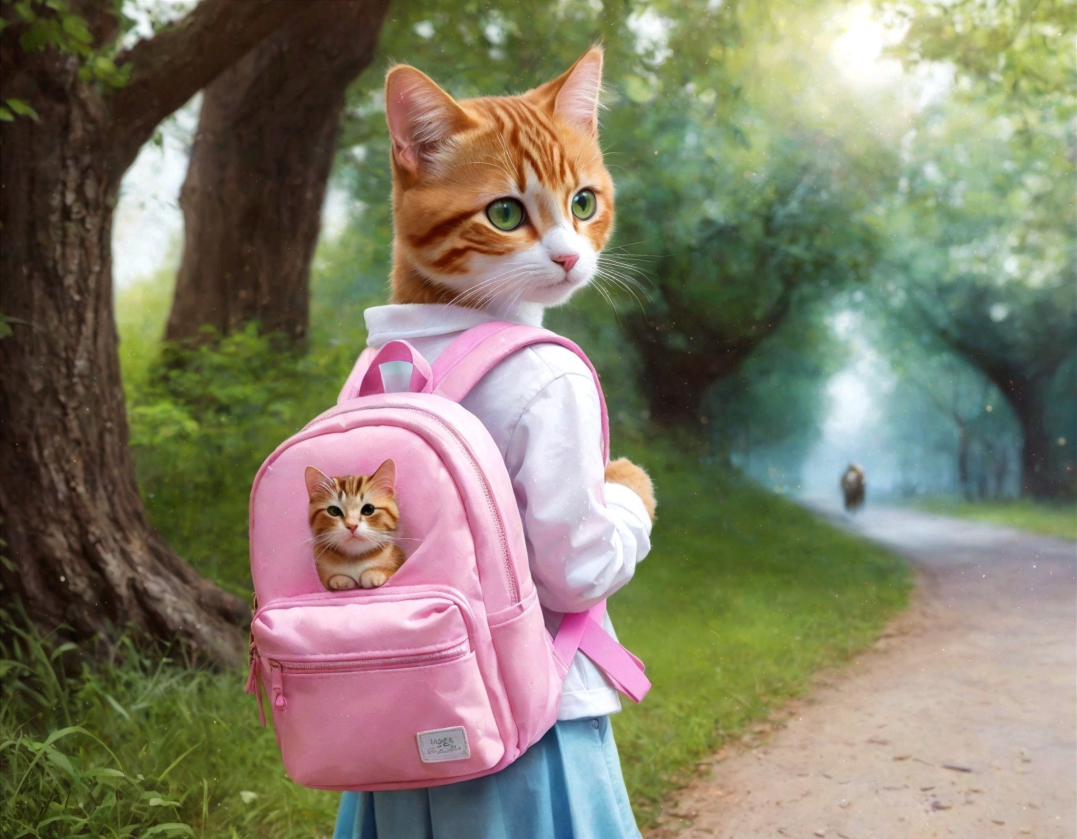 Whimsical Cat in Backpack on Serene Pathway Scene