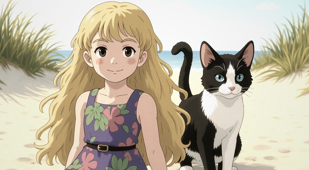 Young girl in floral dress on sandy beach with cat
