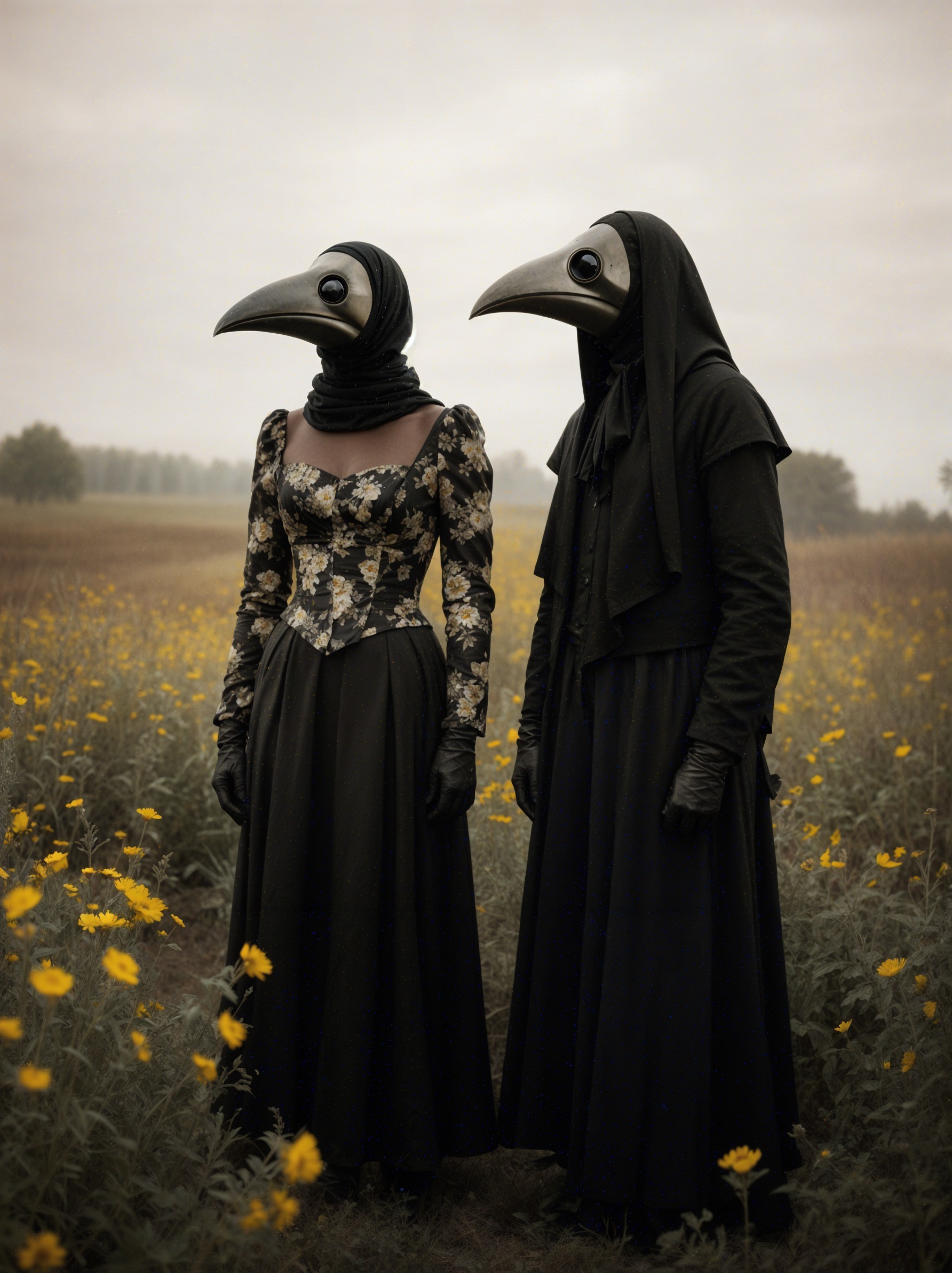 Surreal Landscape with Figures in Black Dresses and Masks