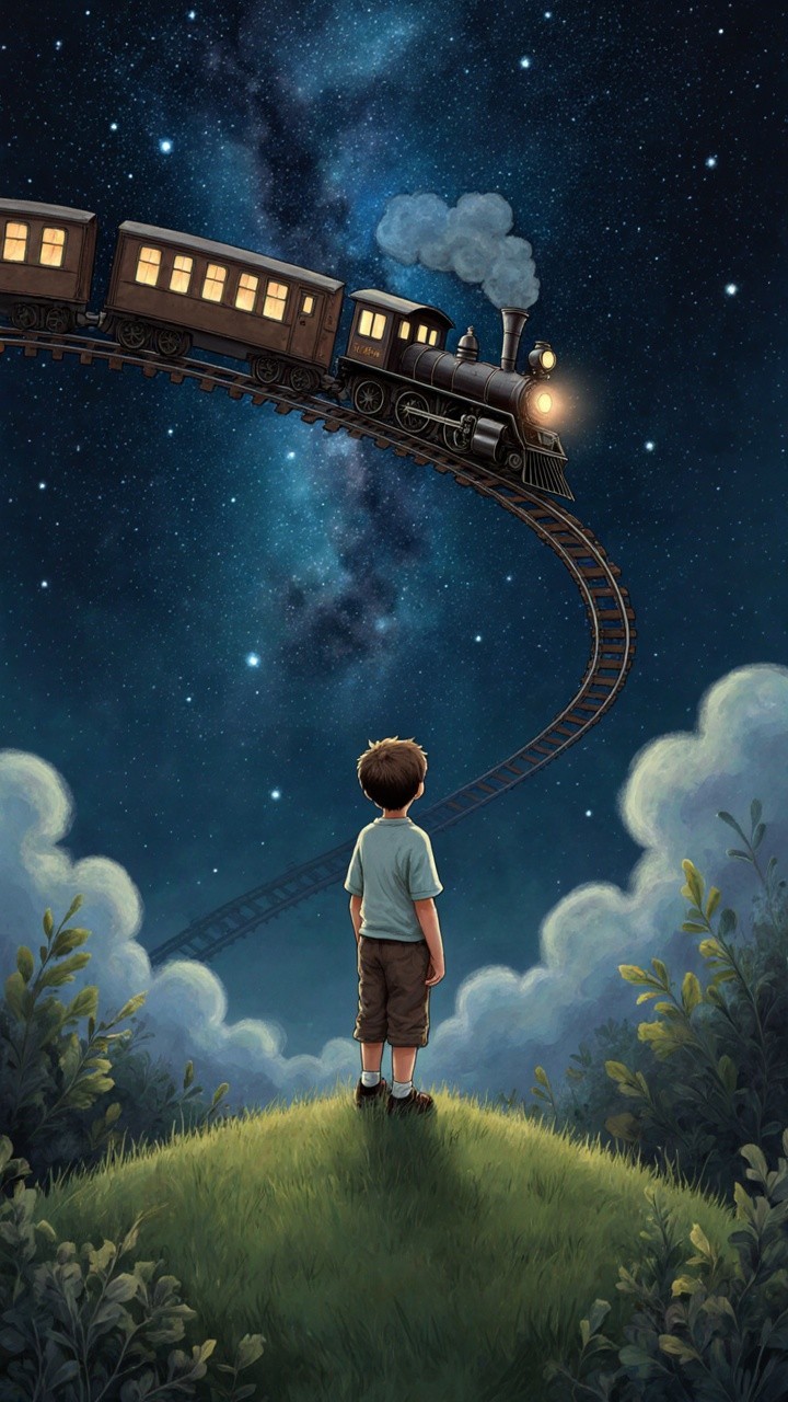 Young boy gazes at vintage steam train under stars